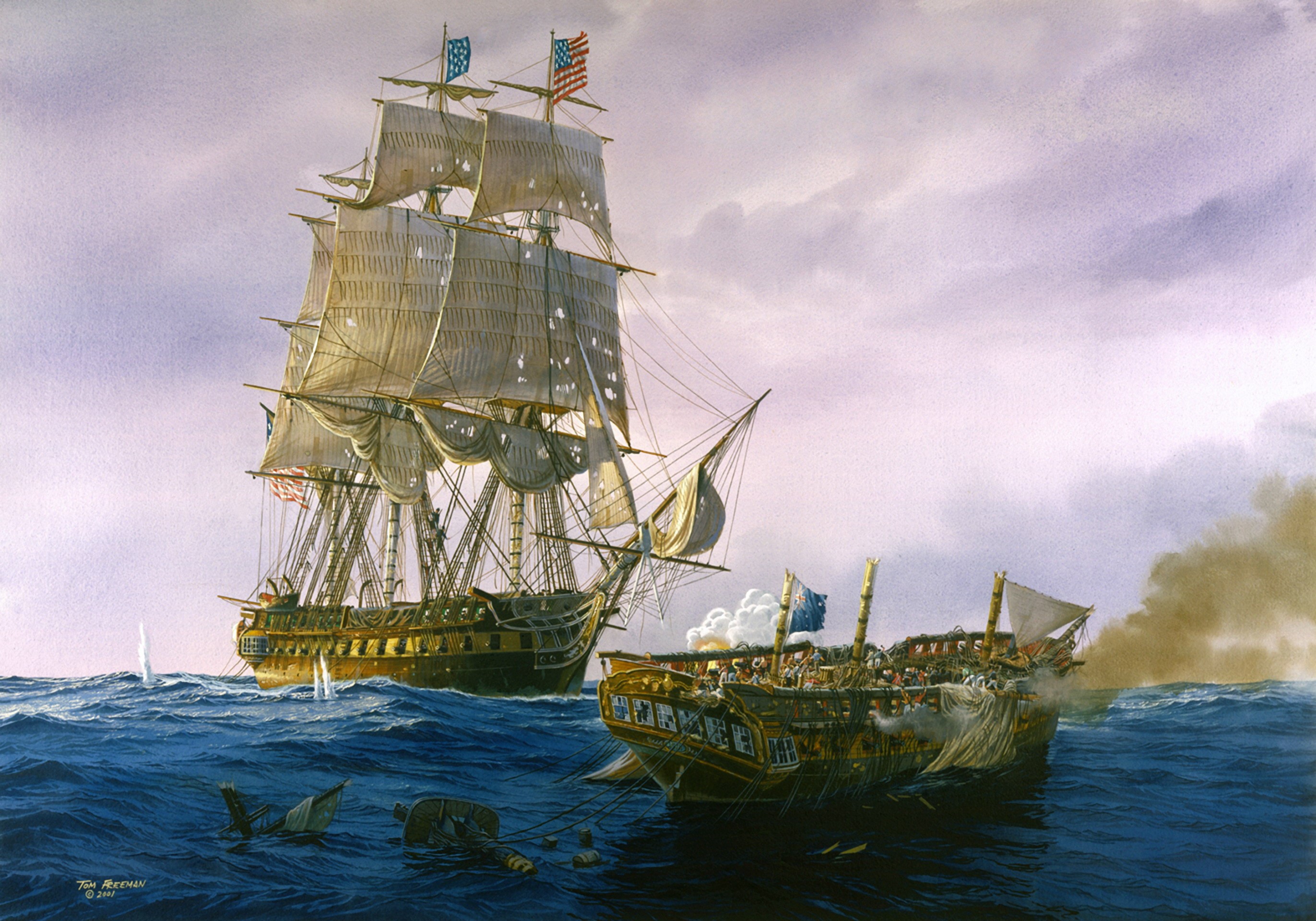 Naval battle painting of two sailing ships HD Wallpaper