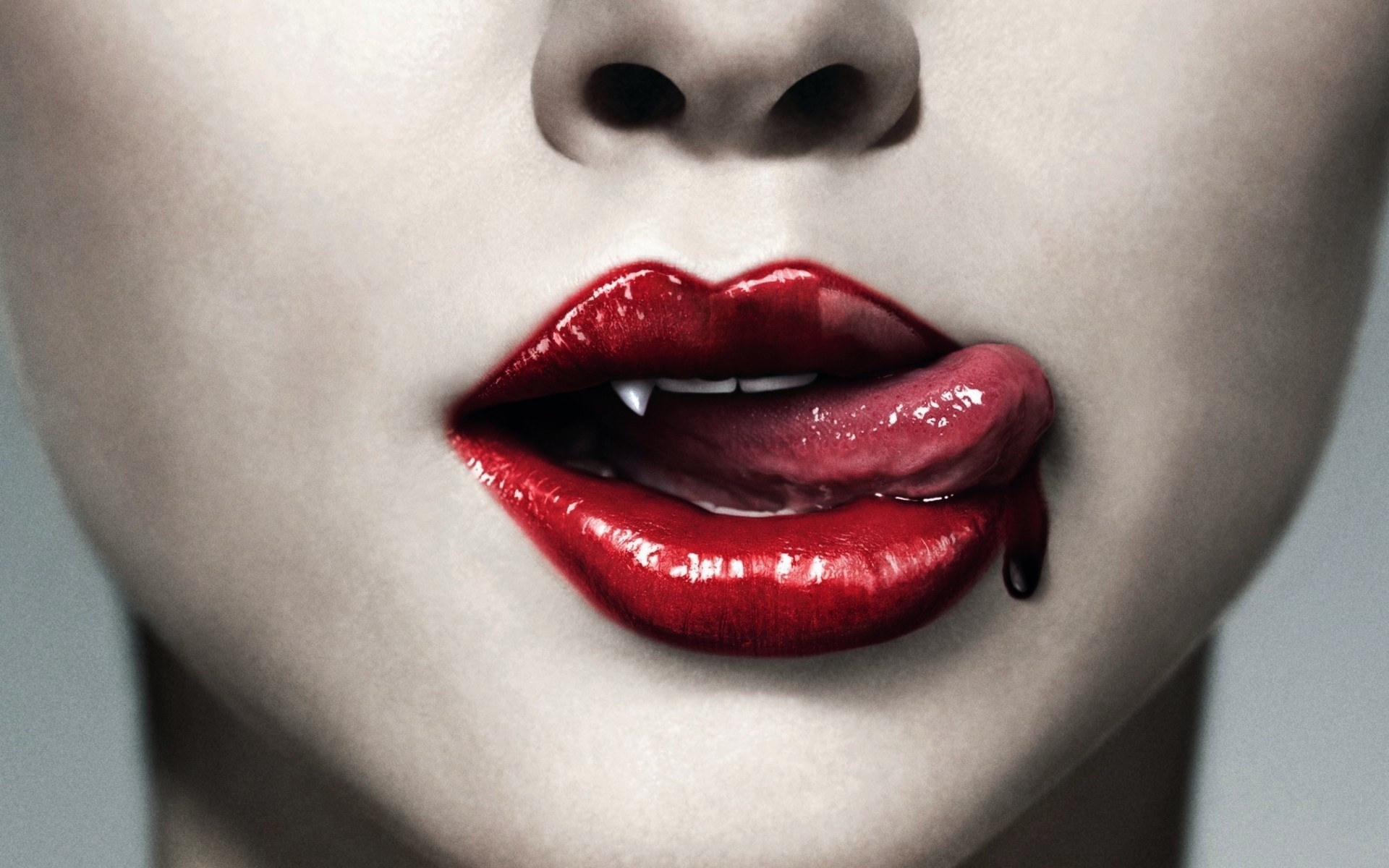 Close-up of lips with fangs and tongue HD Wallpaper