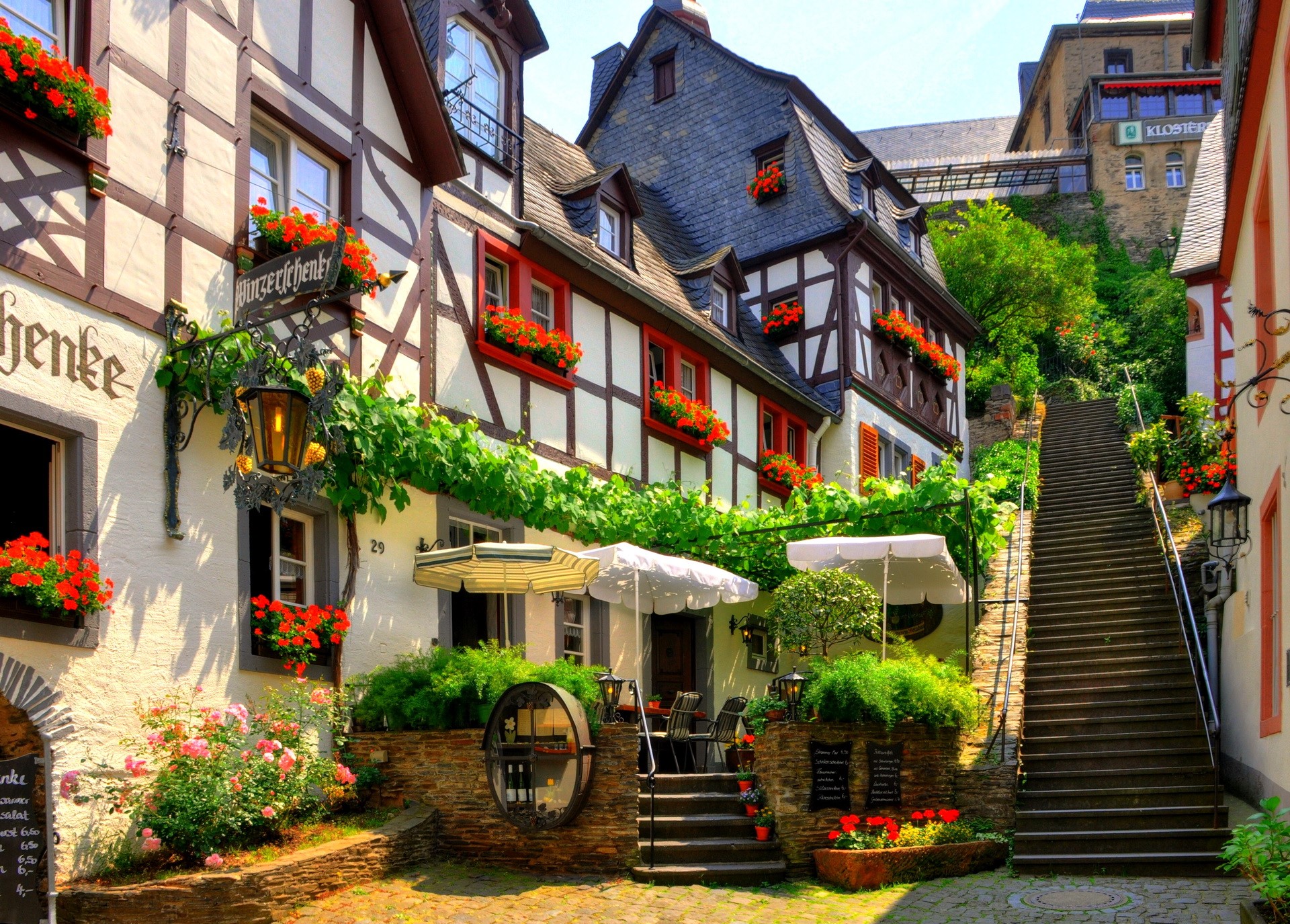 Half-timbered buildings and stairs in Germany HD Wallpaper