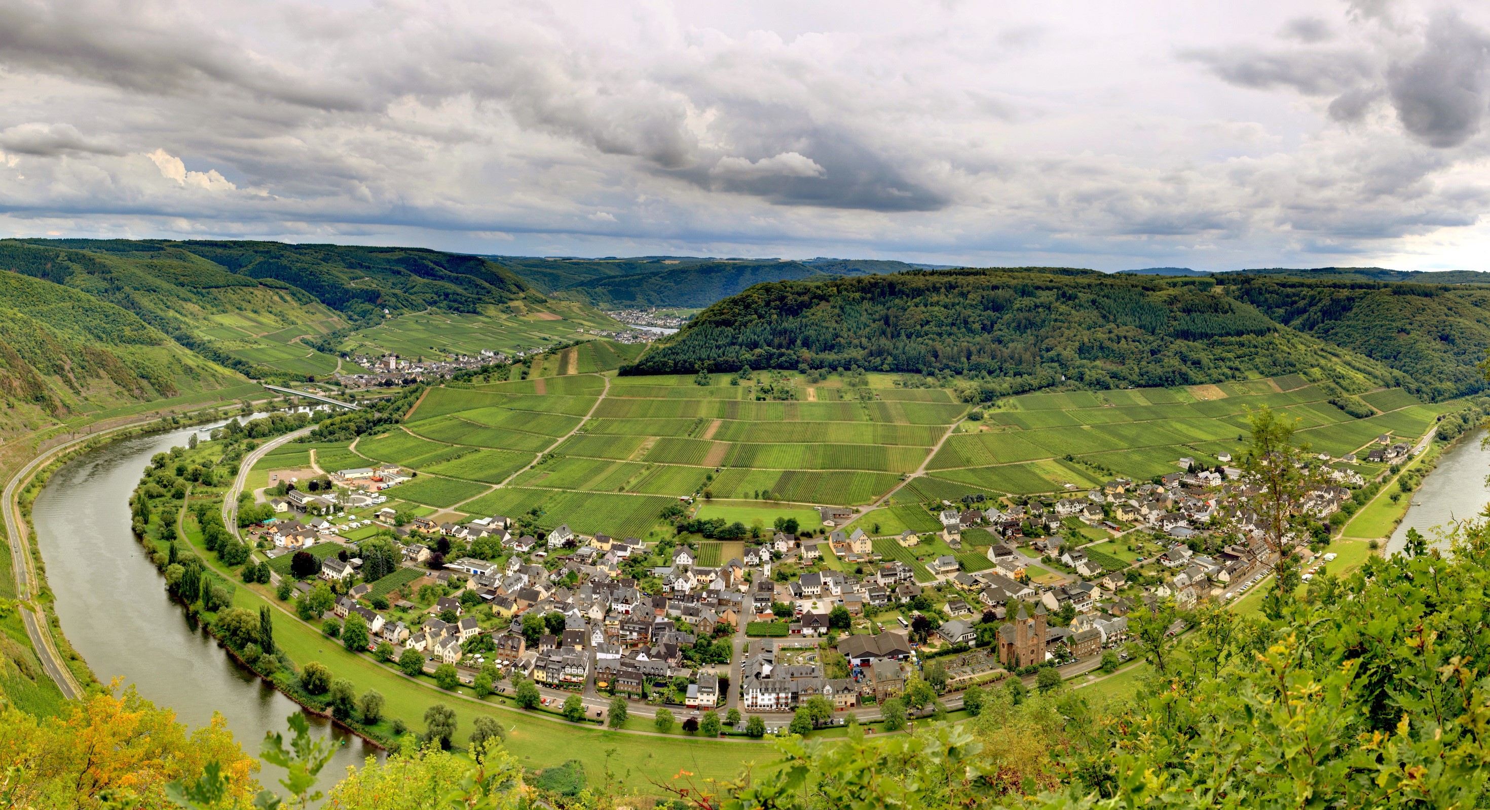 Panoramic view of a village nestled in a river bend with vineyards in Germany HD Wallpaper