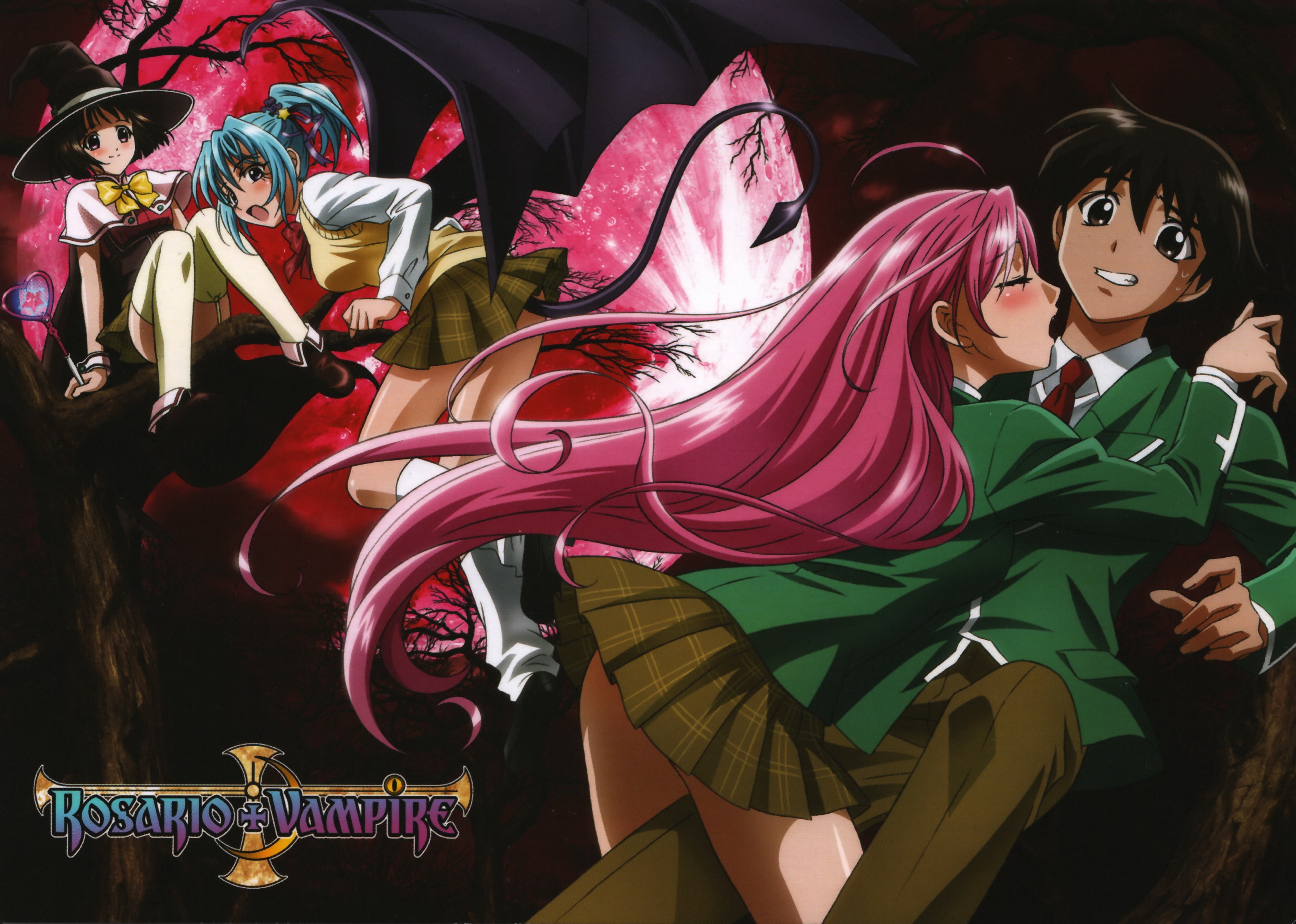 Rosario + Vampire: Moka, Tsukune, Kurumu, and Yukari HD Wallpaper