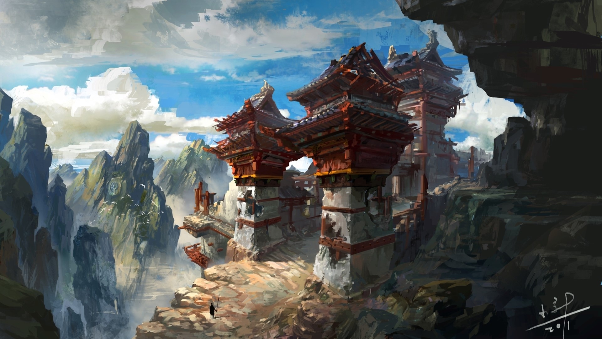 Fantasy mountain settlement with traditional architecture HD Wallpaper