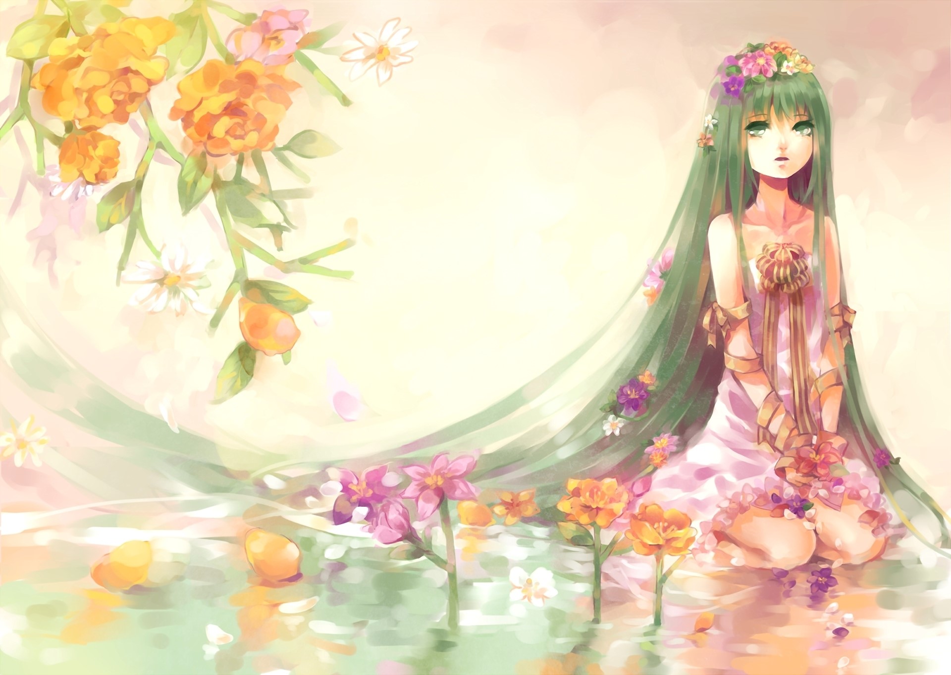 Hatsune Miku with flowers in water HD Wallpaper