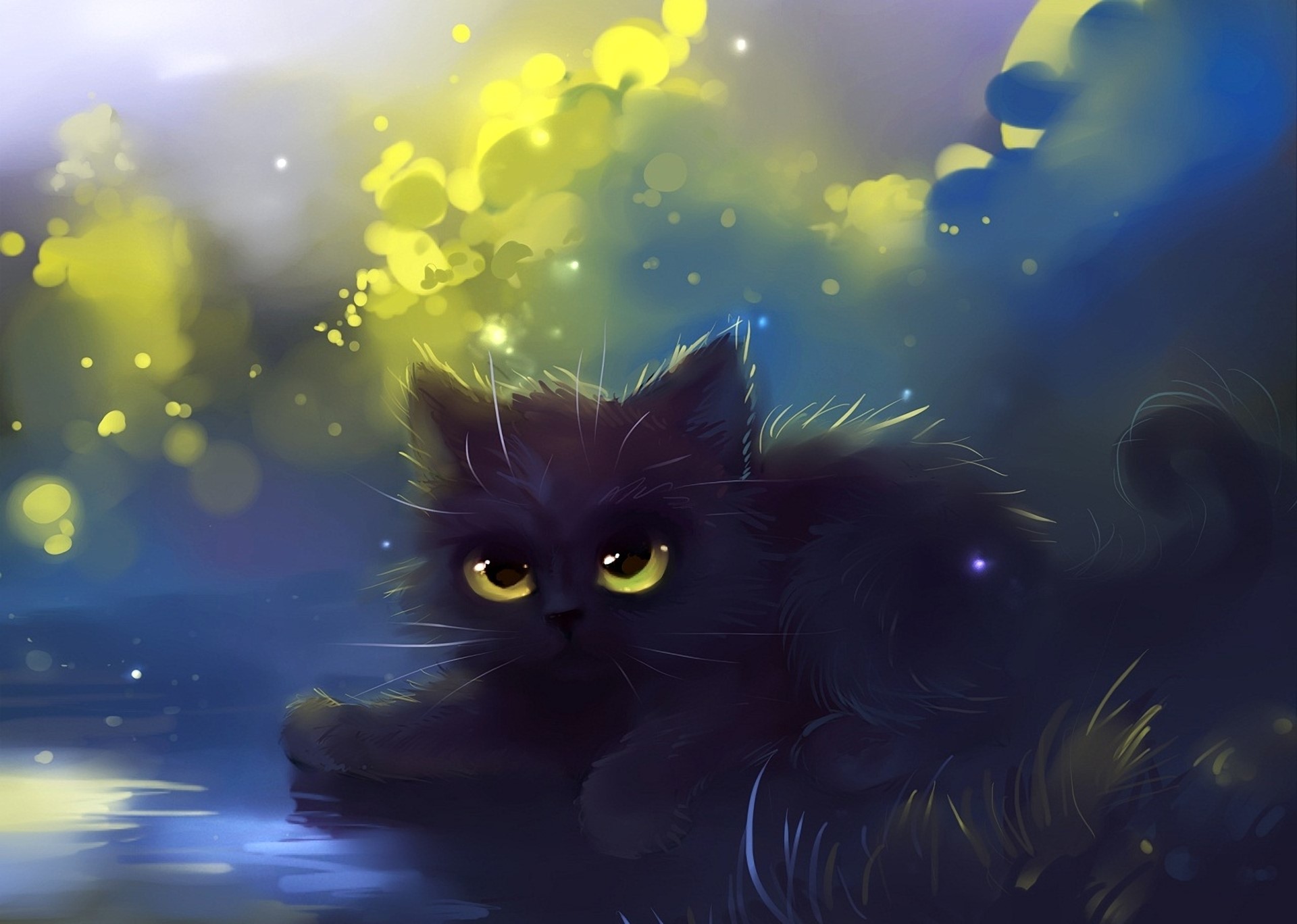 Black cat with yellow eyes in a magical forest HD Wallpaper