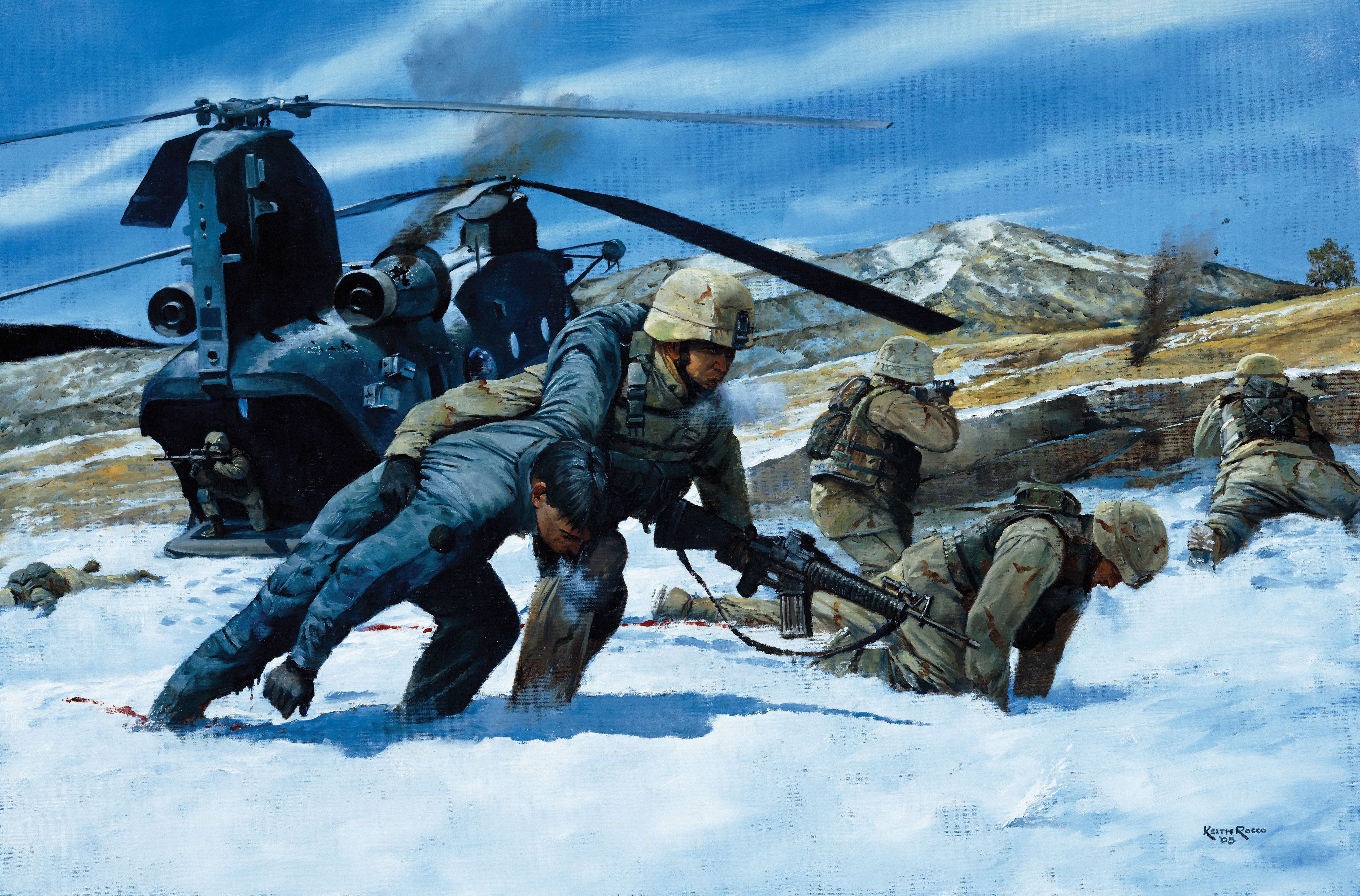 Soldiers Evacuating a Wounded Person Near a Helicopter in Snow HD Wallpaper