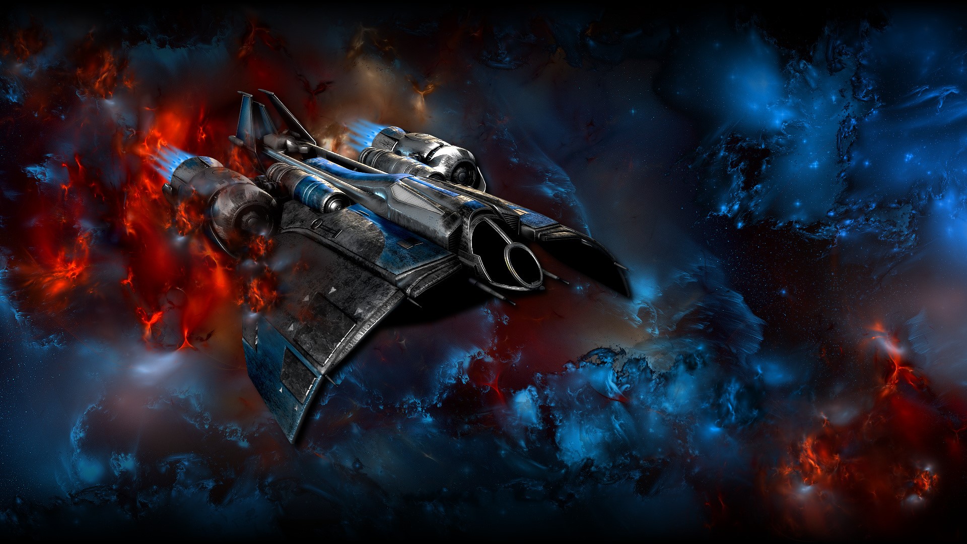 Spaceship flying through nebula HD Wallpaper