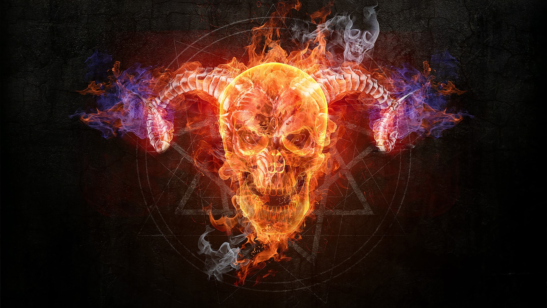 Fiery Skull with Horns and Pentagram HD Wallpaper