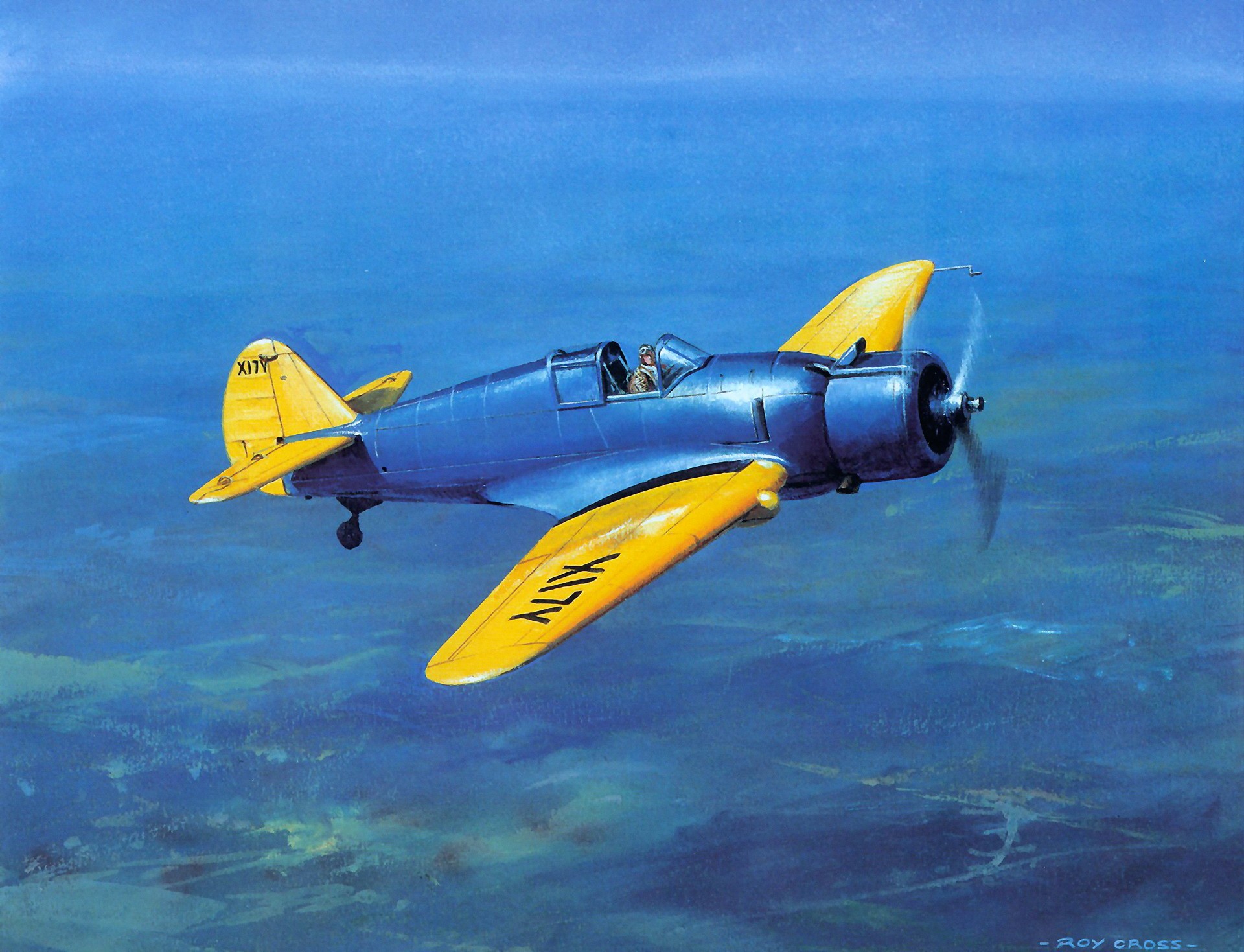 Blue and yellow airplane flying over clouds HD Wallpaper