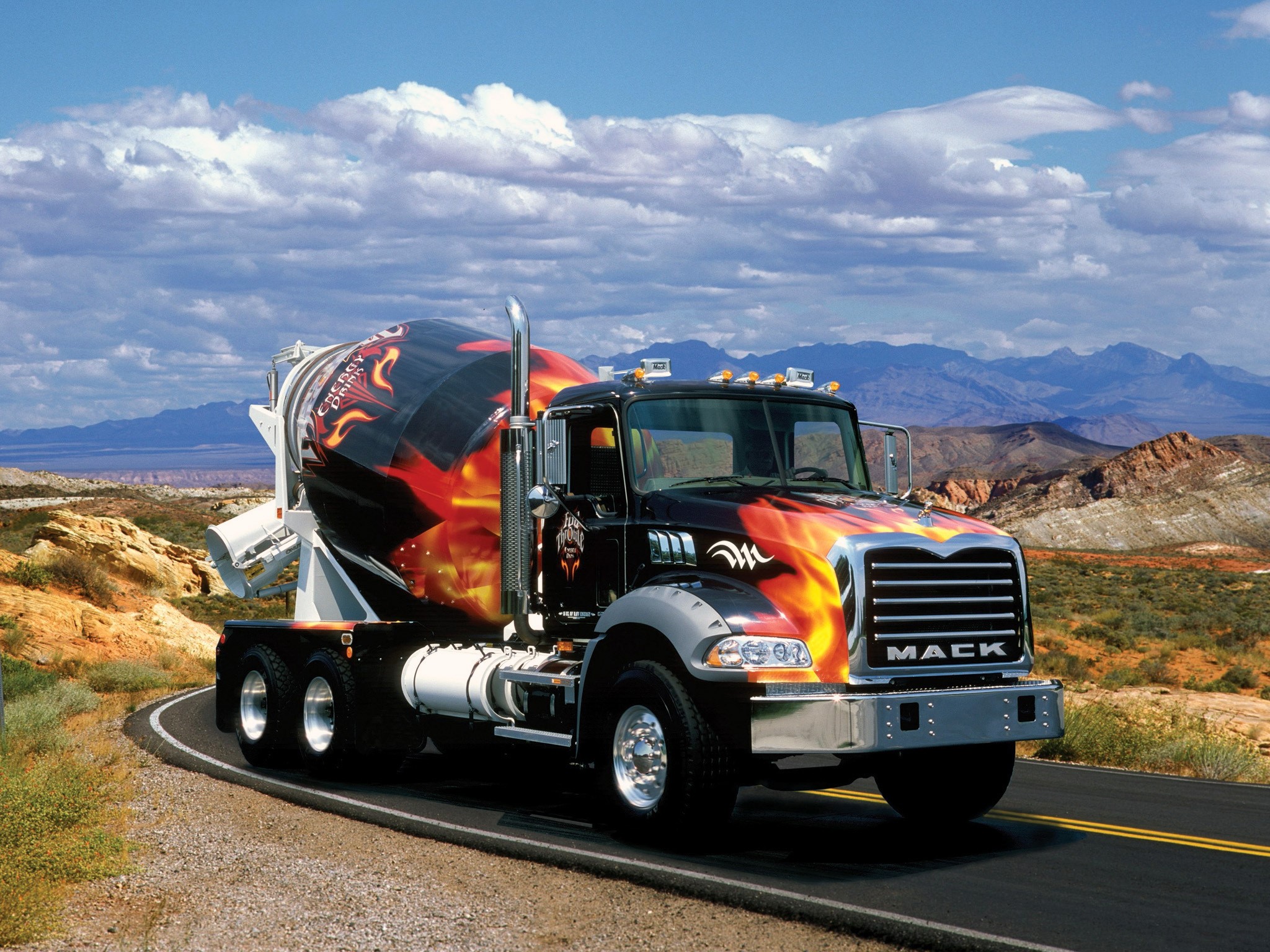 Mack Cement Mixer Truck with Fire Graphics HD Wallpaper