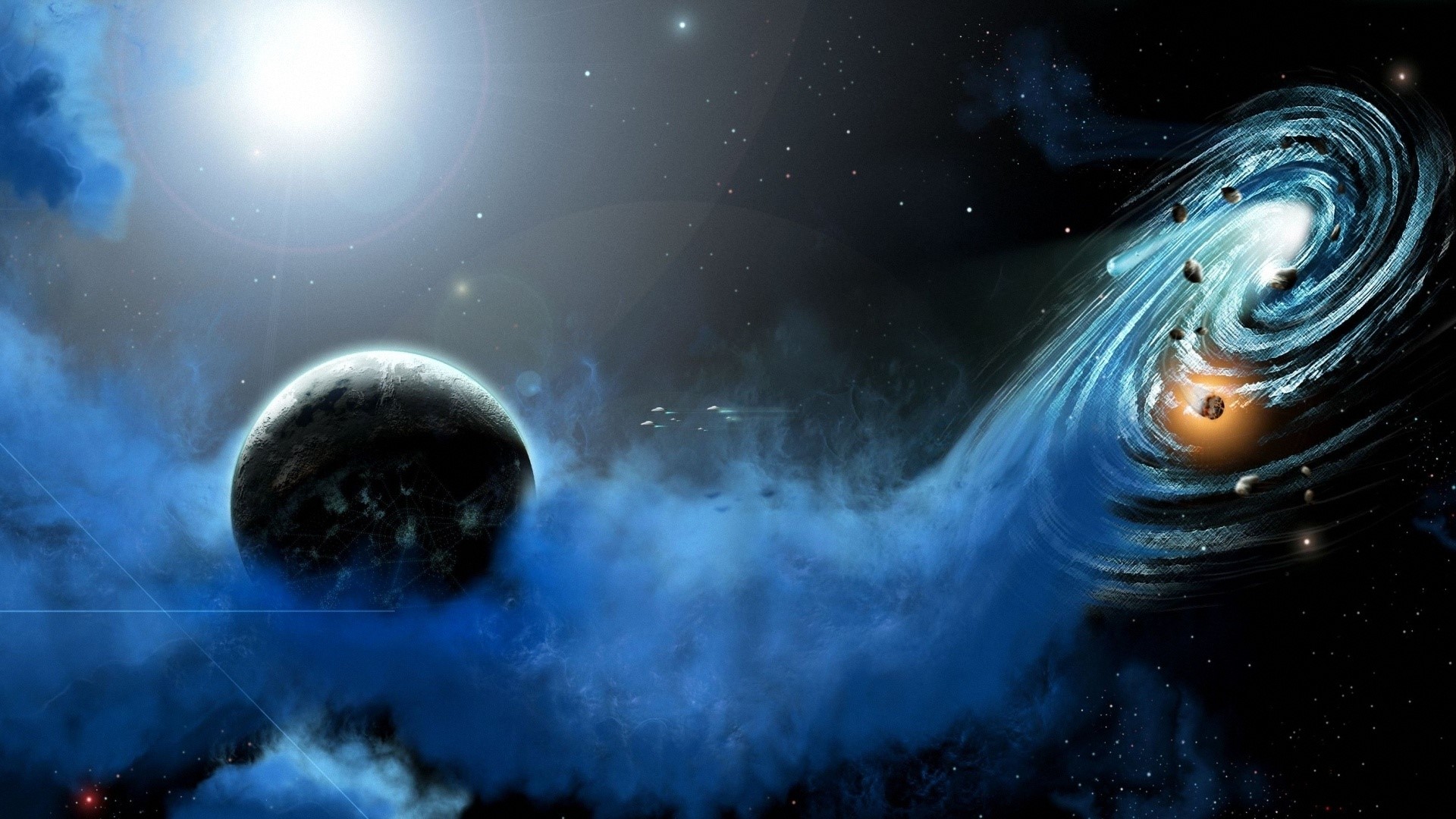 Planet and swirling nebula in deep space HD Wallpaper