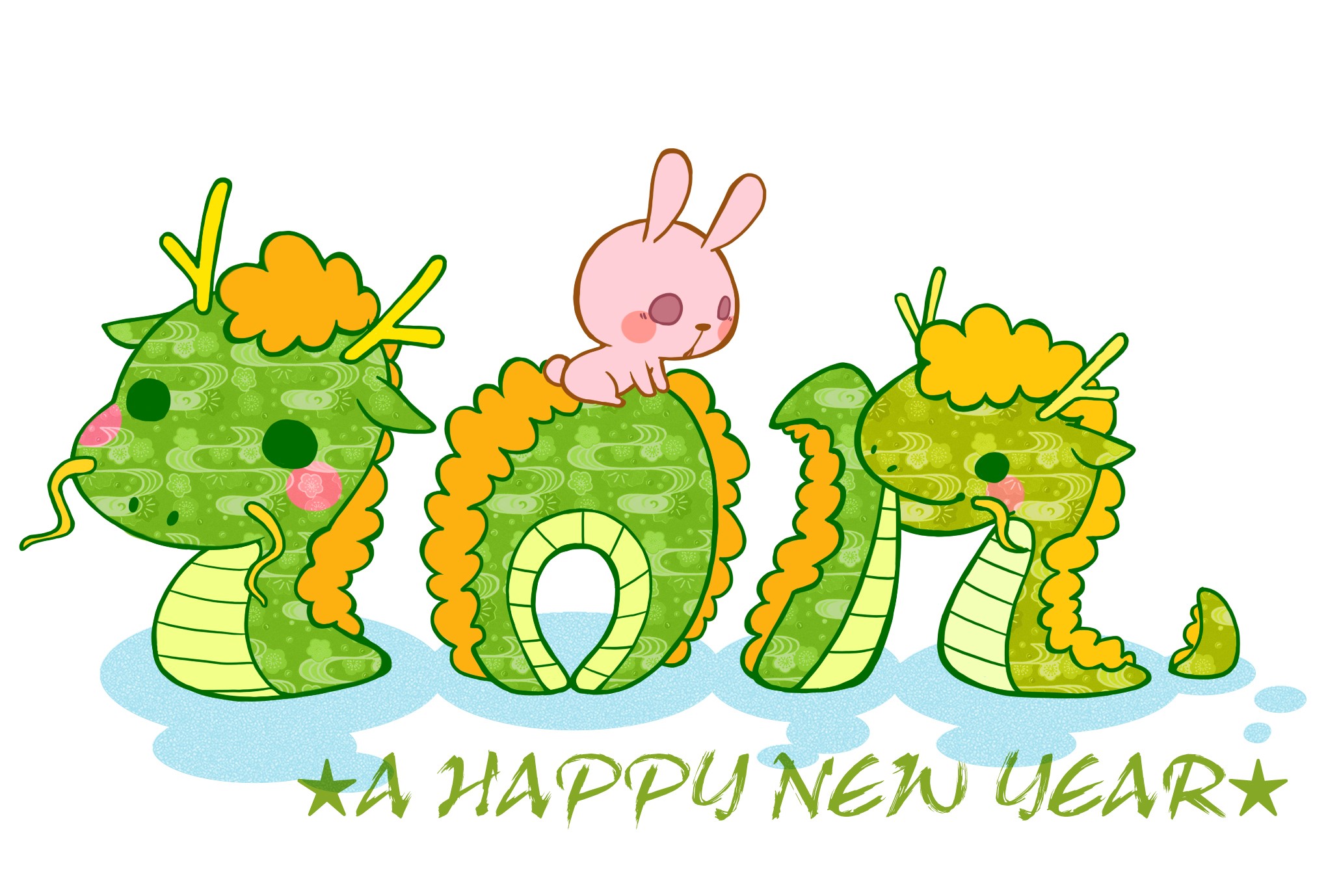 Happy New Year 2012 Dragons and Rabbit HD Wallpaper