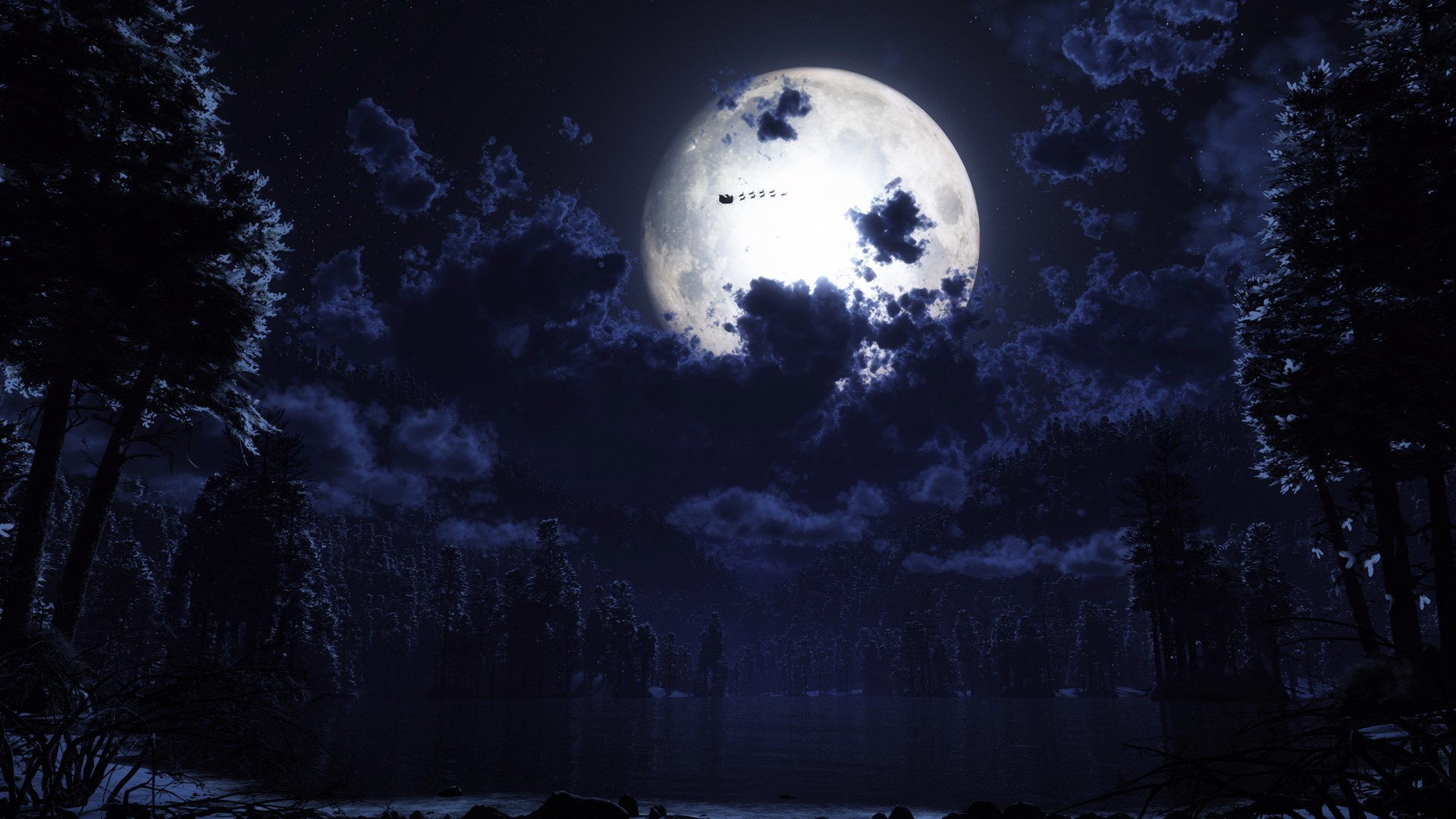 Santa's Sleigh Flying Past the Moon on Christmas Night HD Wallpaper