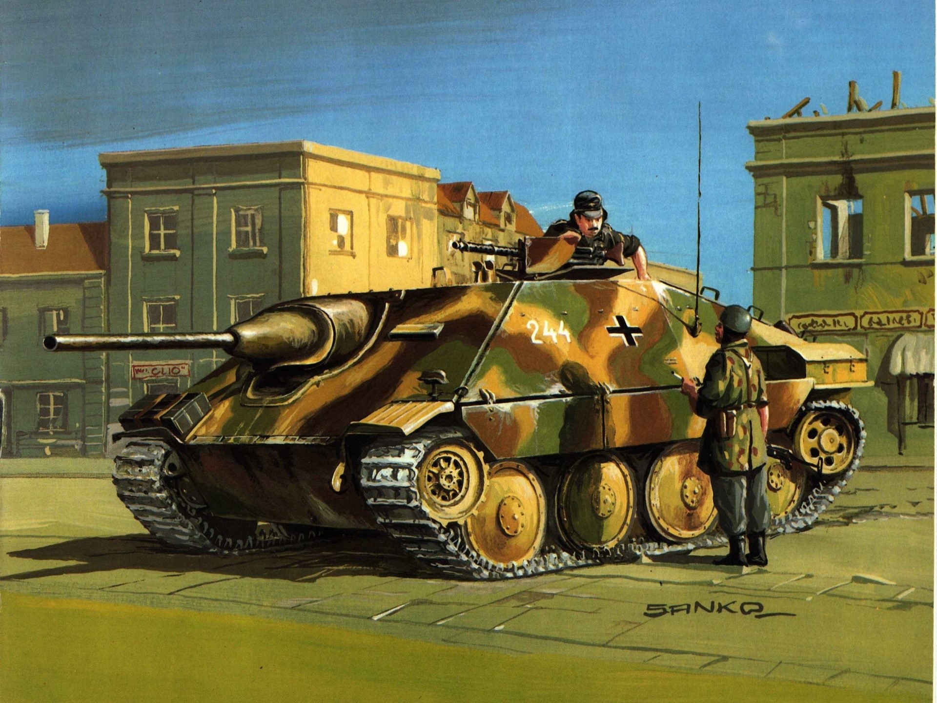 German Jagdpanther tank with soldiers in a town HD Wallpaper