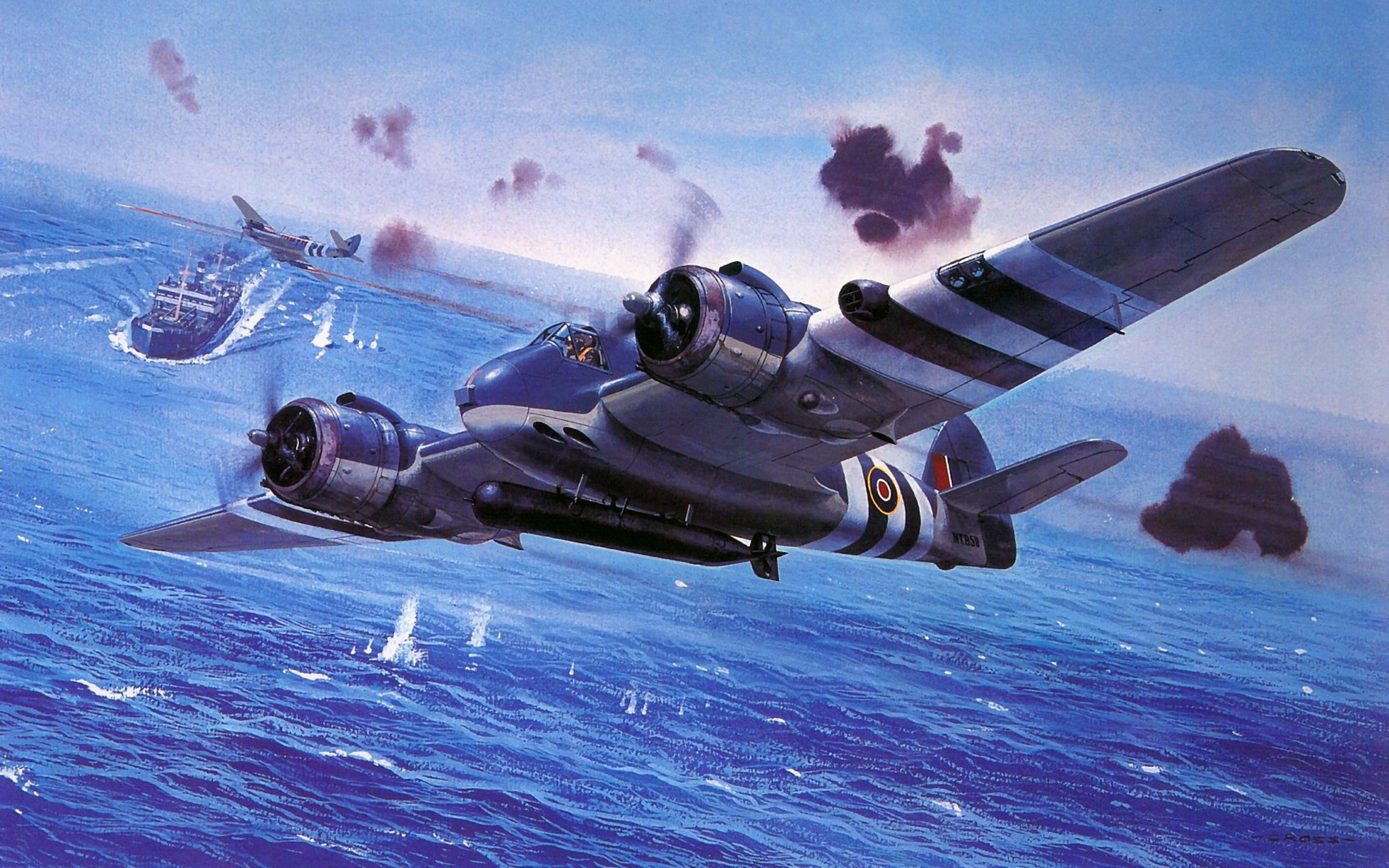 WWII Bomber attacking a ship HD Wallpaper
