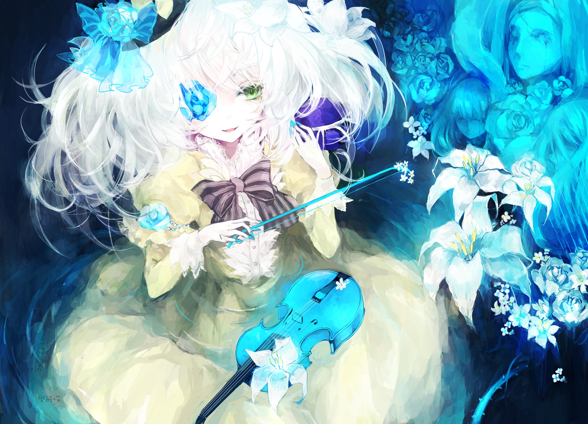 Girl with white hair playing violin with blue violin HD Wallpaper