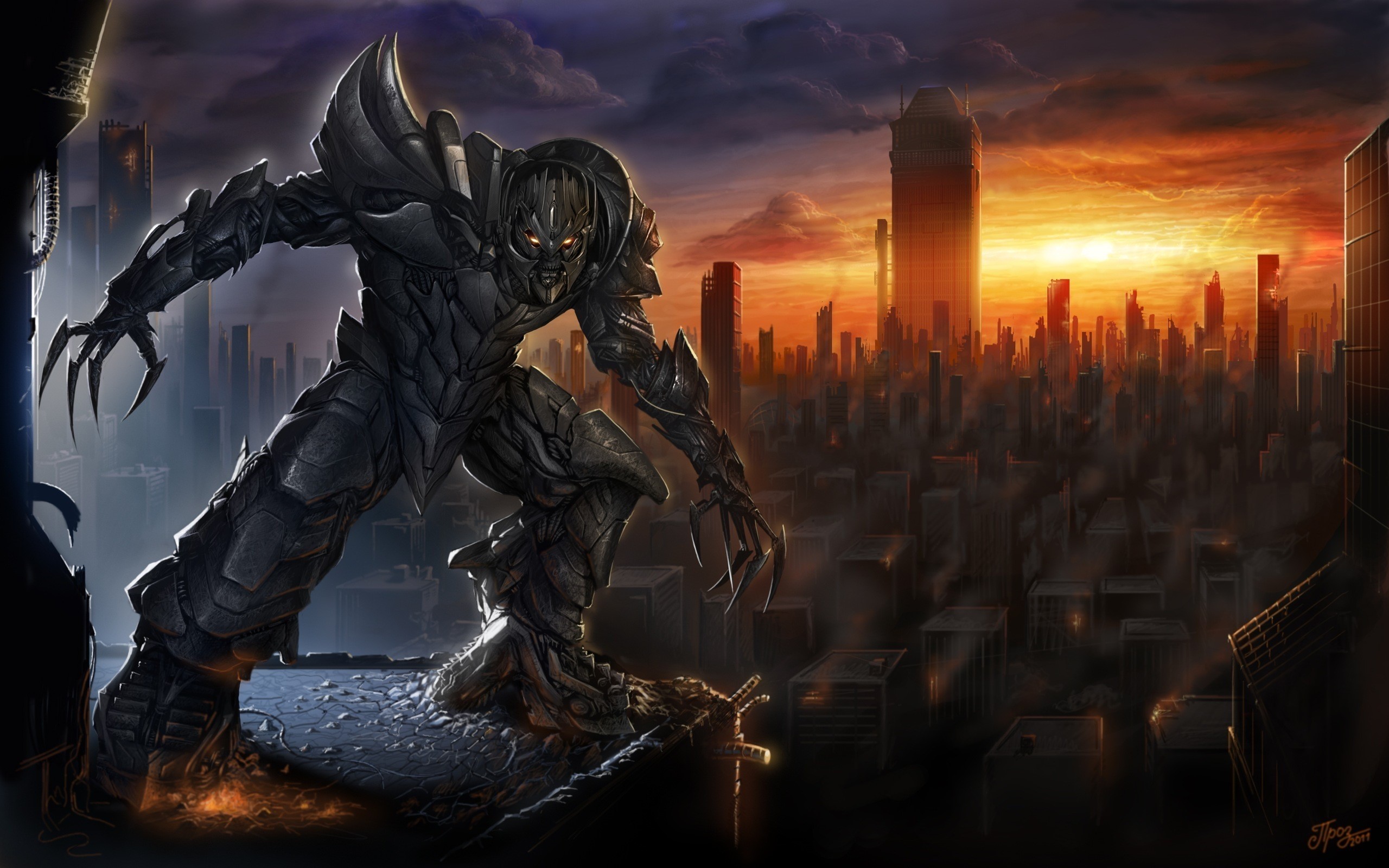 Megatron from Transformers in a ruined city HD Wallpaper