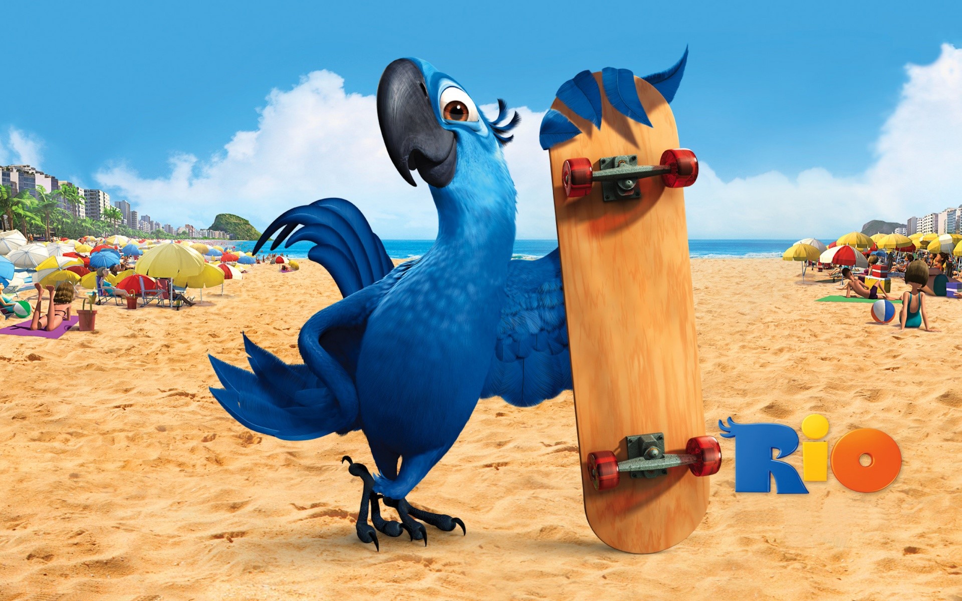 Blu the parrot from Rio with a skateboard on the beach HD Wallpaper