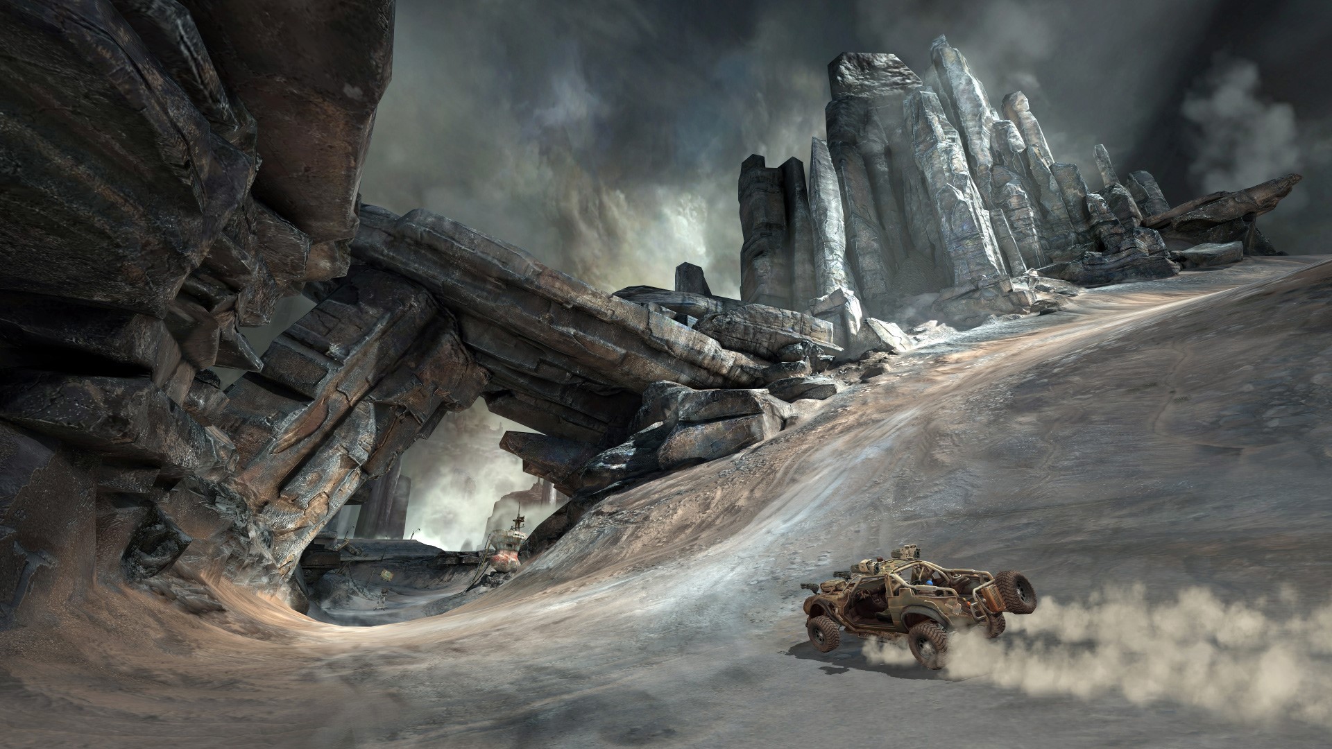 A buggy drives through a rocky, desolate landscape under a stormy sky. HD Wallpaper