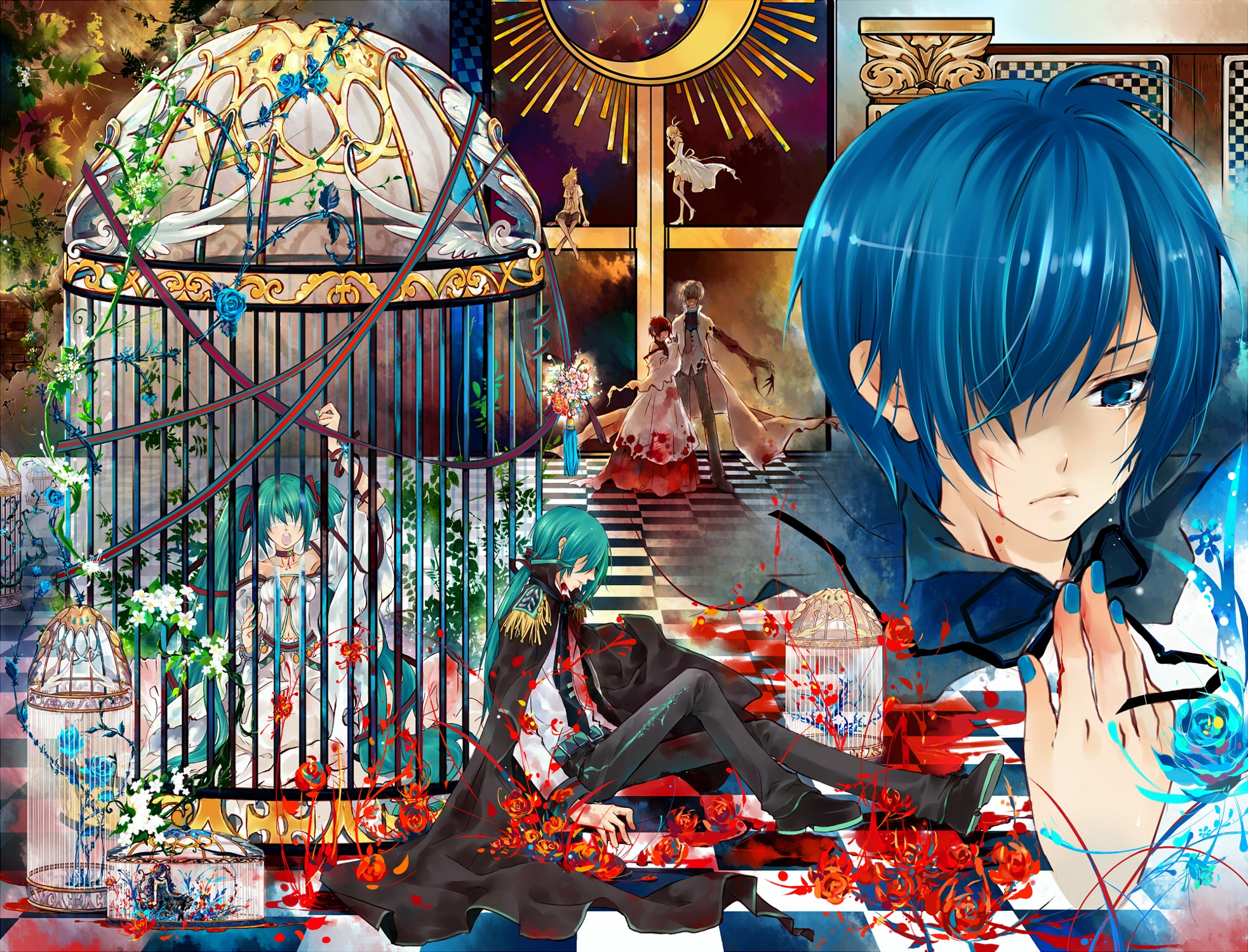 Vocaloid characters in a surreal, bloody cage setting HD Wallpaper
