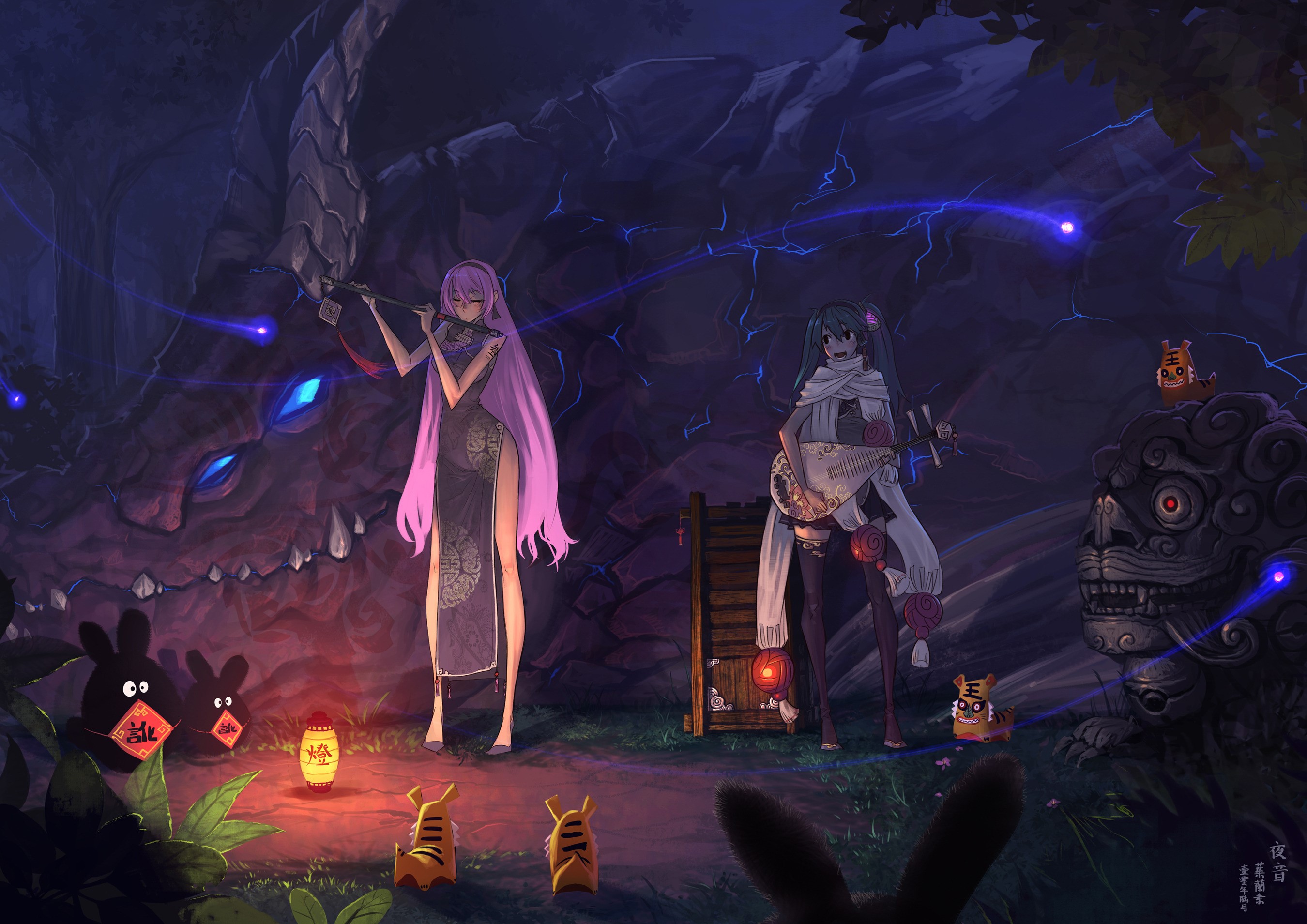 Vocaloid characters playing music in a mystical cave HD Wallpaper