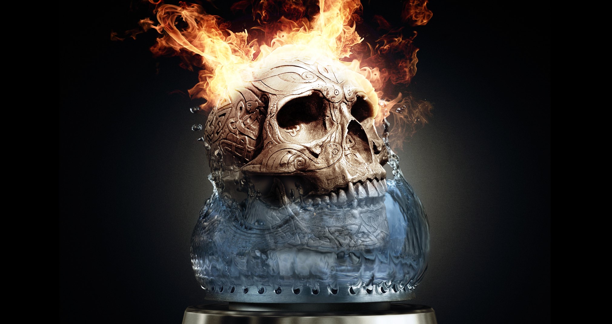 Skull on fire submerged in water HD Wallpaper
