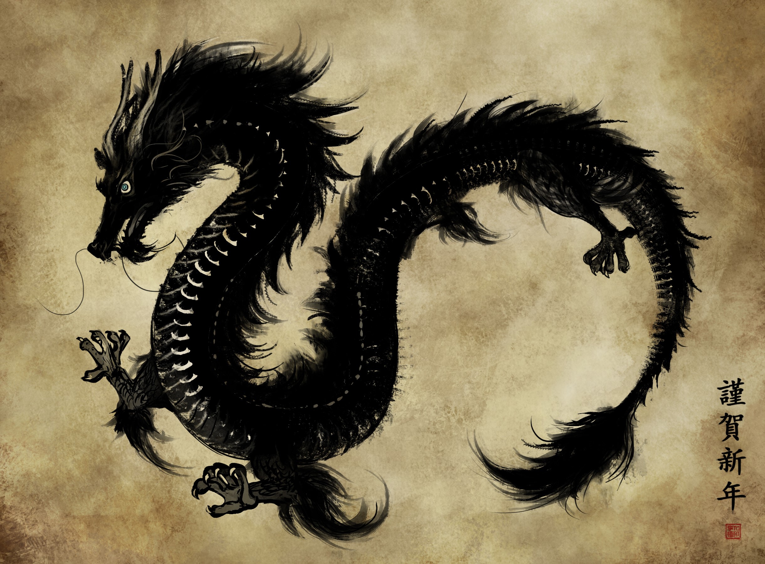 Black dragon with Chinese calligraphy HD Wallpaper