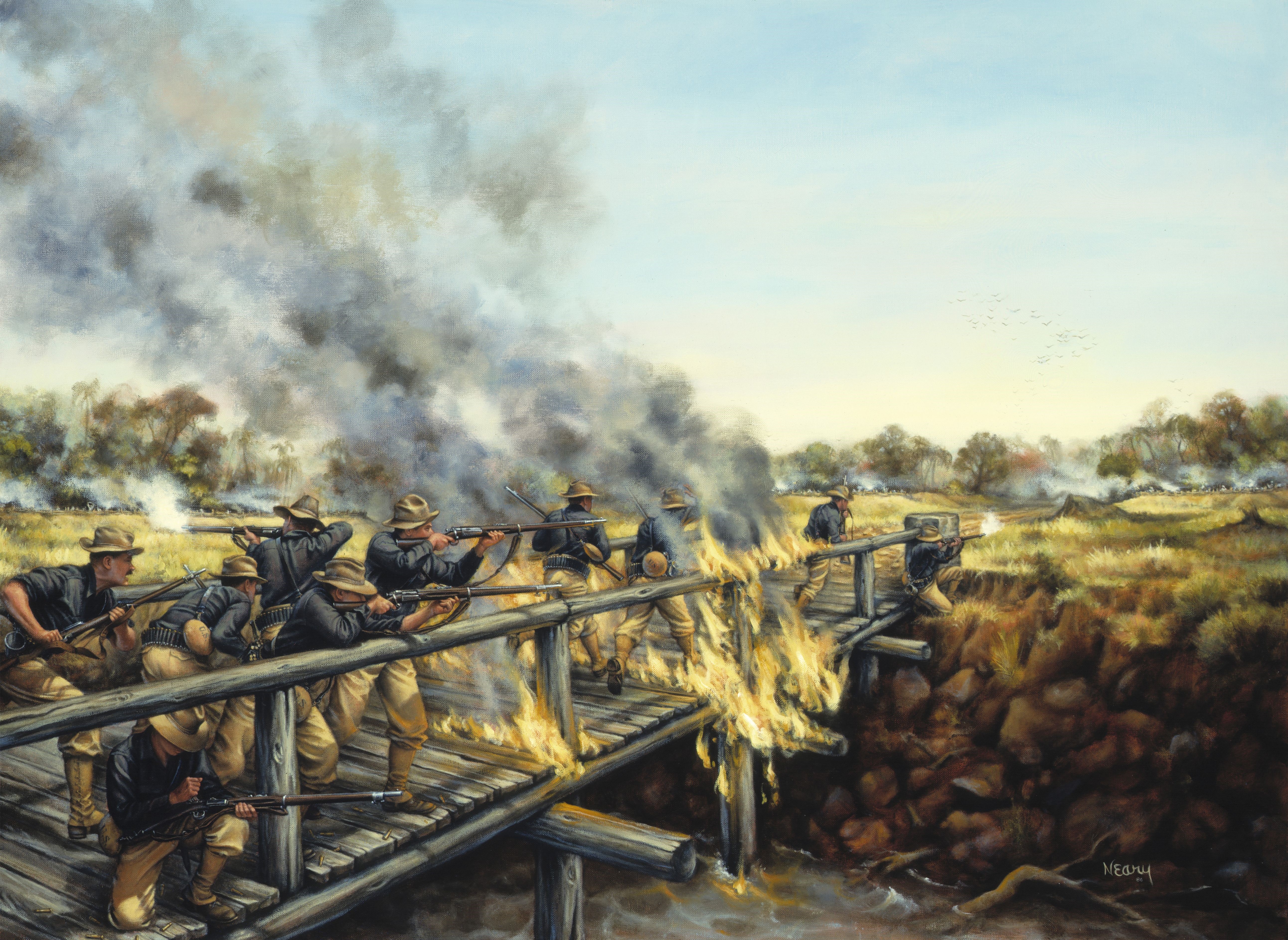 Soldiers fighting on a burning bridge HD Wallpaper