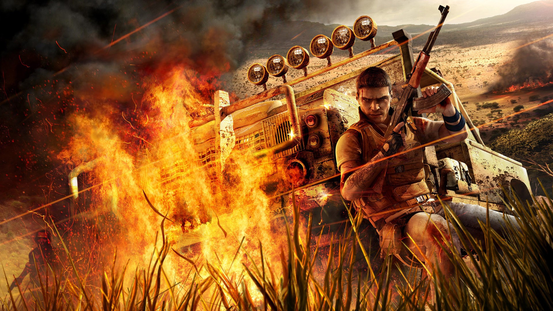Jason Brody from Far Cry 3 in a burning vehicle HD Wallpaper