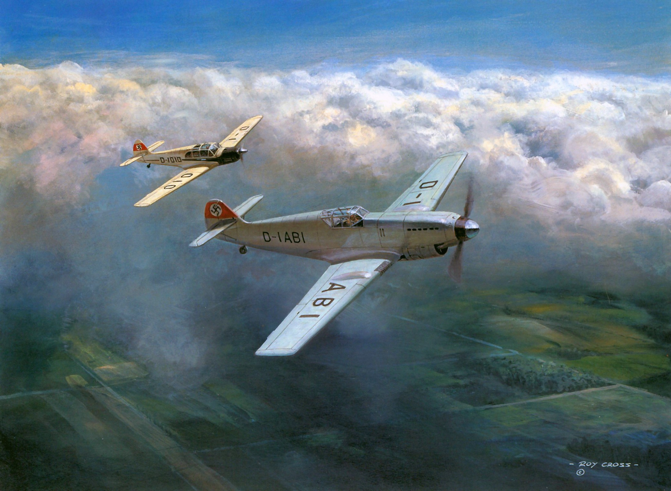 Two German WWII training aircraft flying over clouds HD Wallpaper