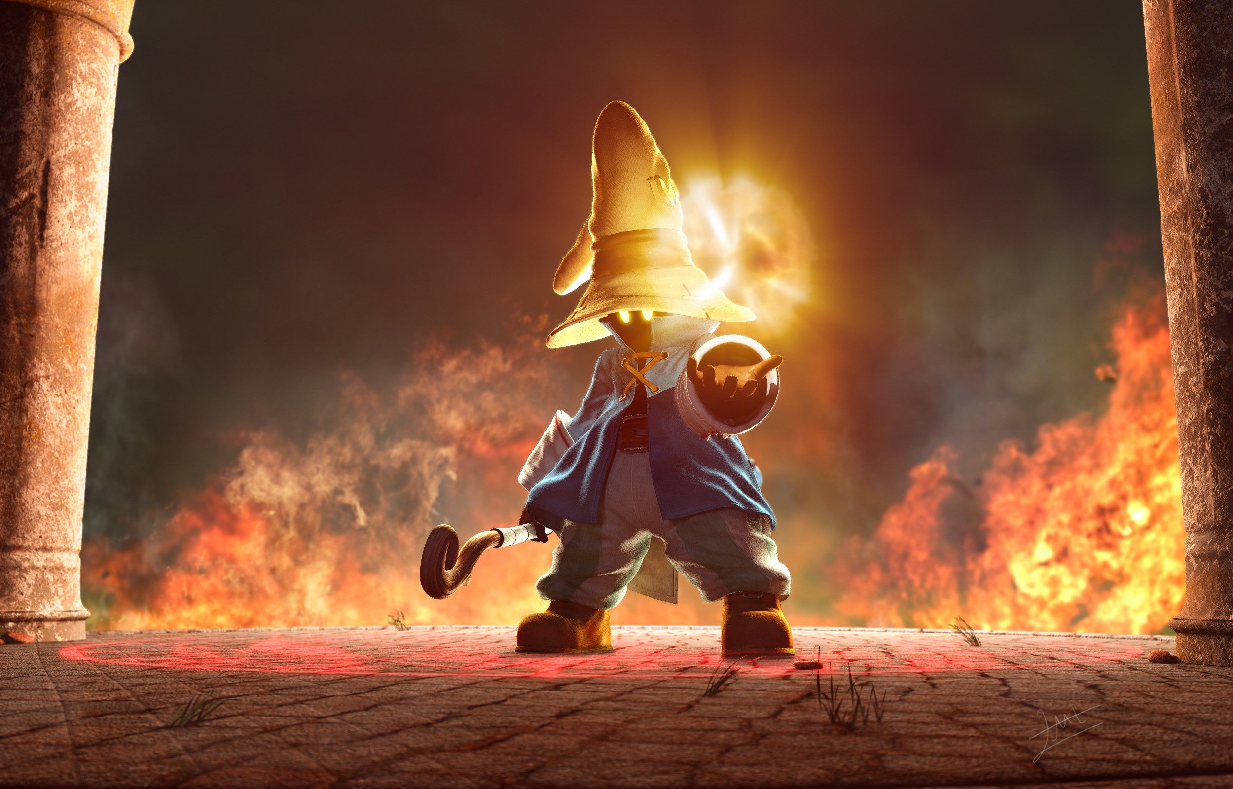 Vivi casting a spell with fire in the background HD Wallpaper