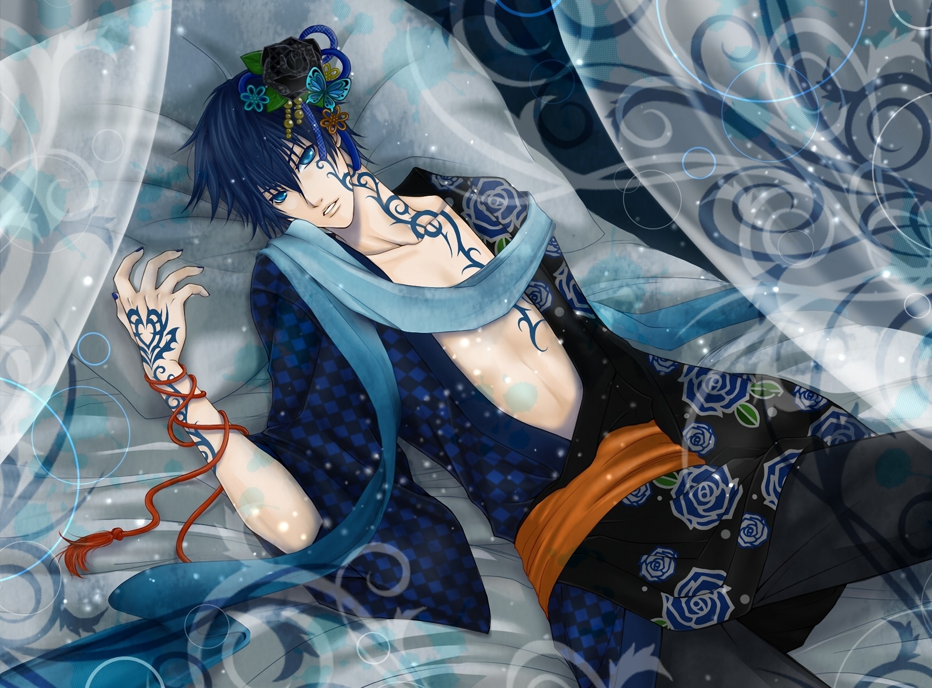 Anime man with tattoos and blue hair HD Wallpaper