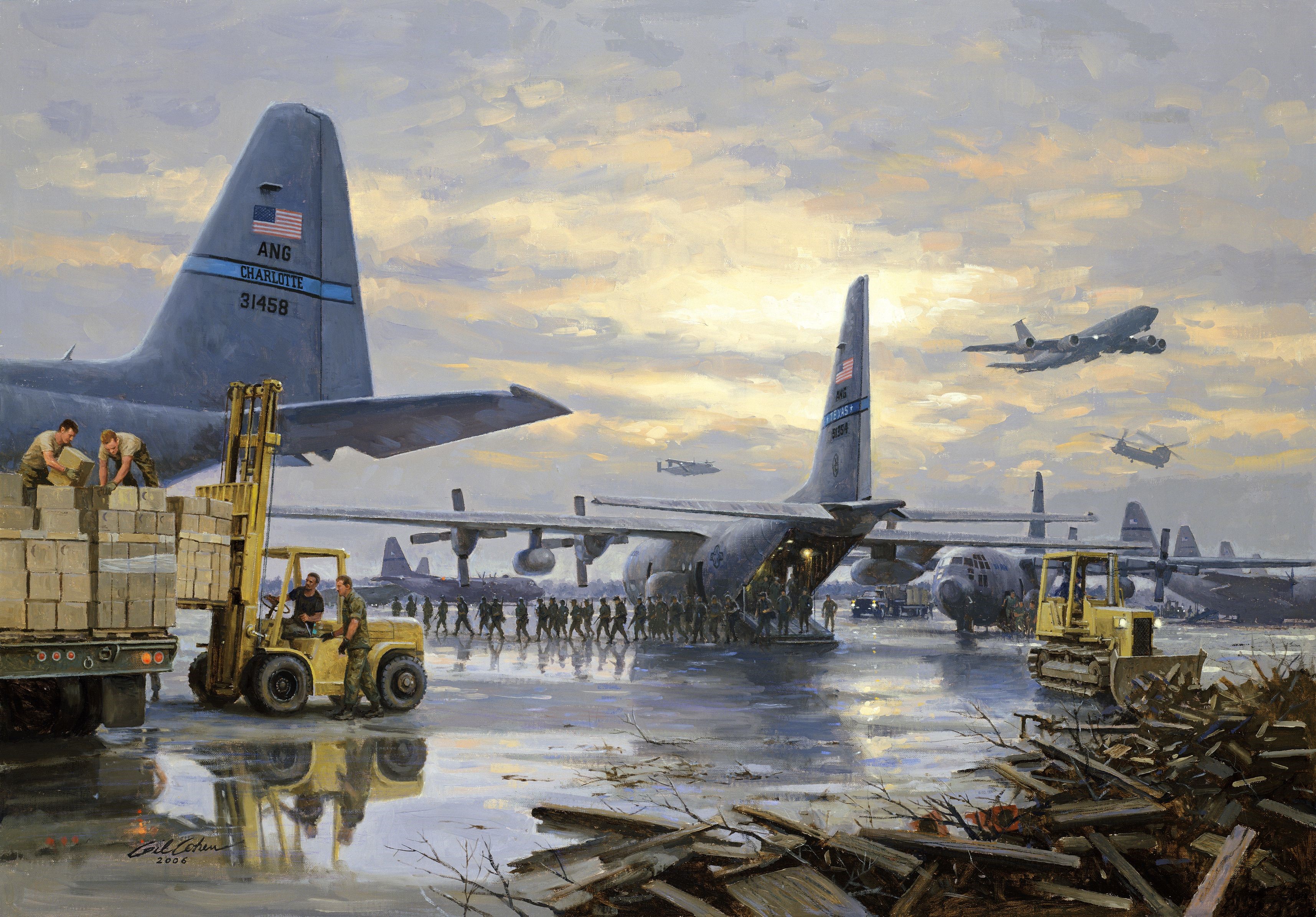 Air Force Cargo Planes Being Loaded at Dusk HD Wallpaper