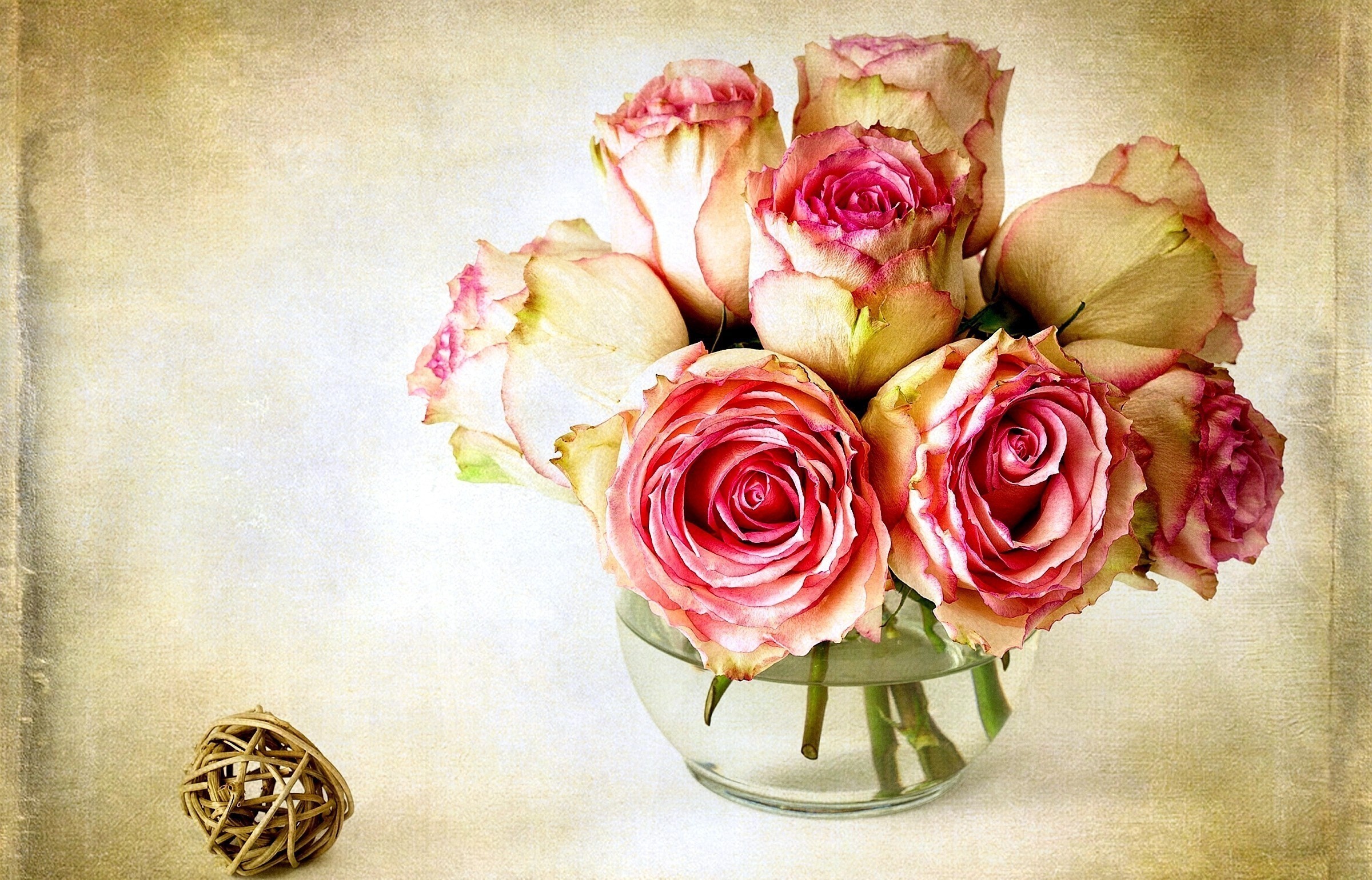 Bouquet of Pink and Yellow Roses in a Glass Vase HD Wallpaper