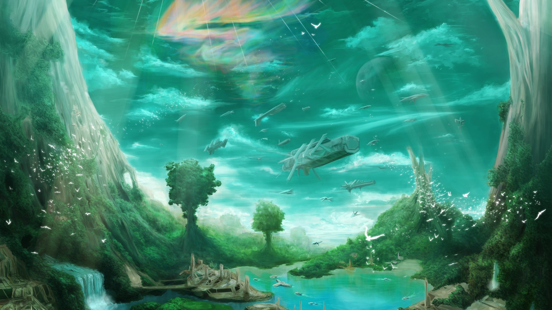 Alien landscape with futuristic ships and waterfalls HD Wallpaper