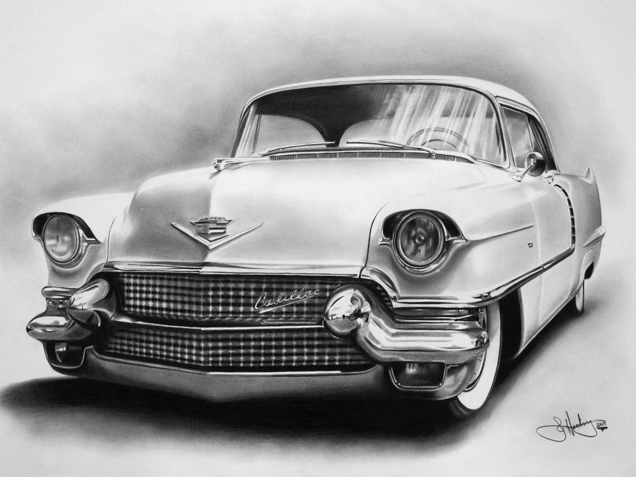 Pencil drawing of a vintage Cadillac coupe HD Wallpaper