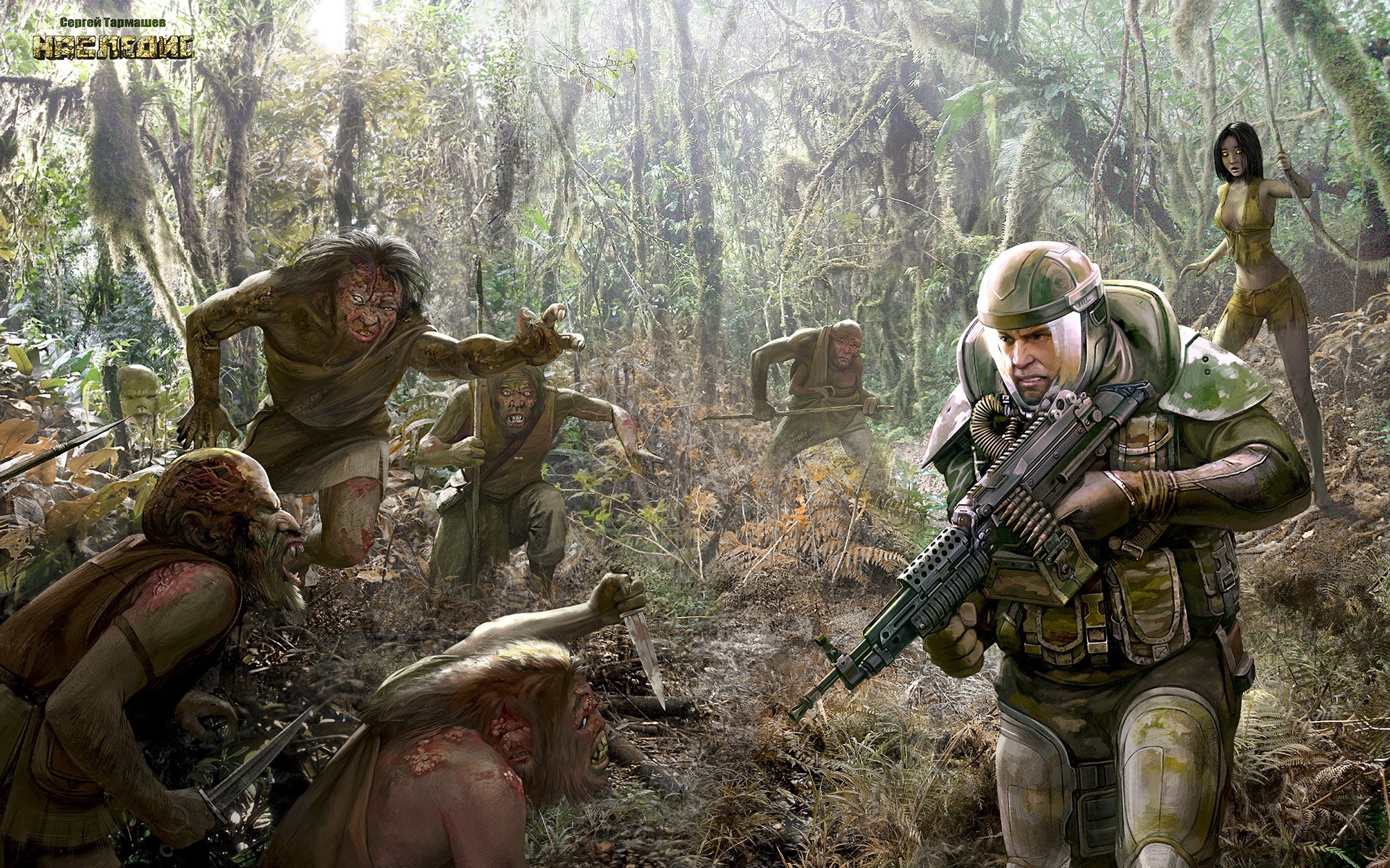 Soldier fighting monsters in a jungle HD Wallpaper