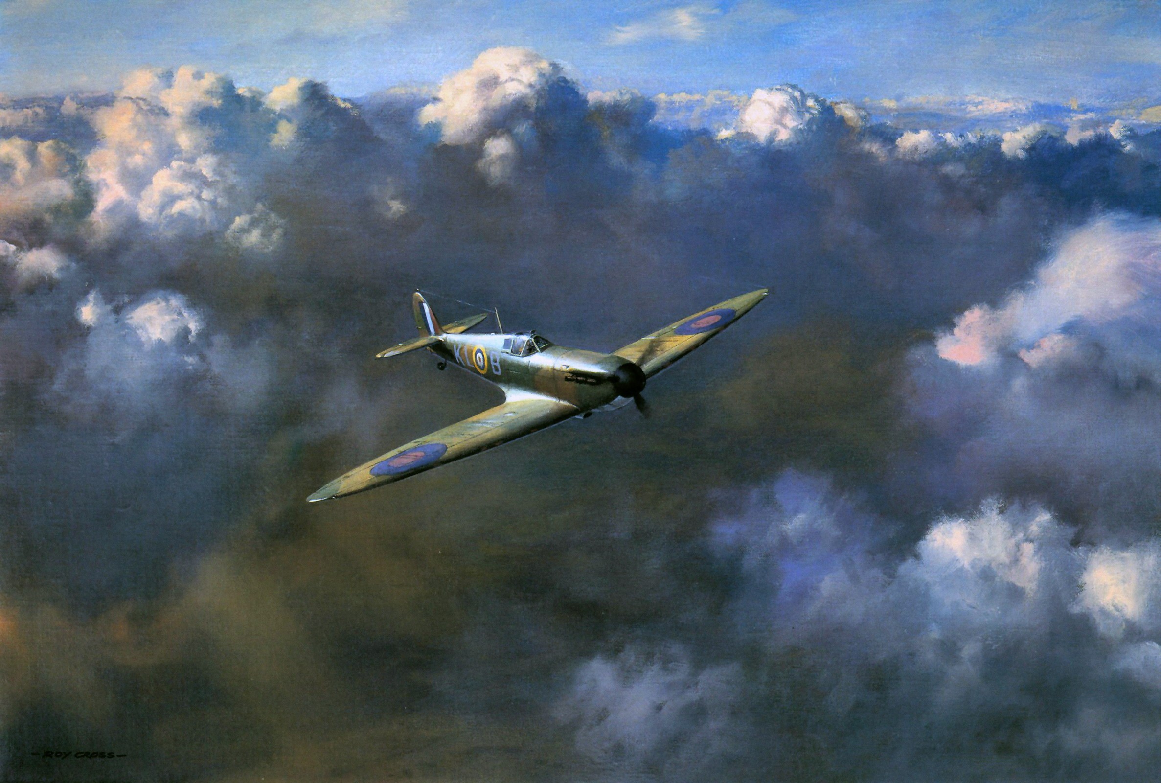 Supermarine Spitfire flying through clouds HD Wallpaper