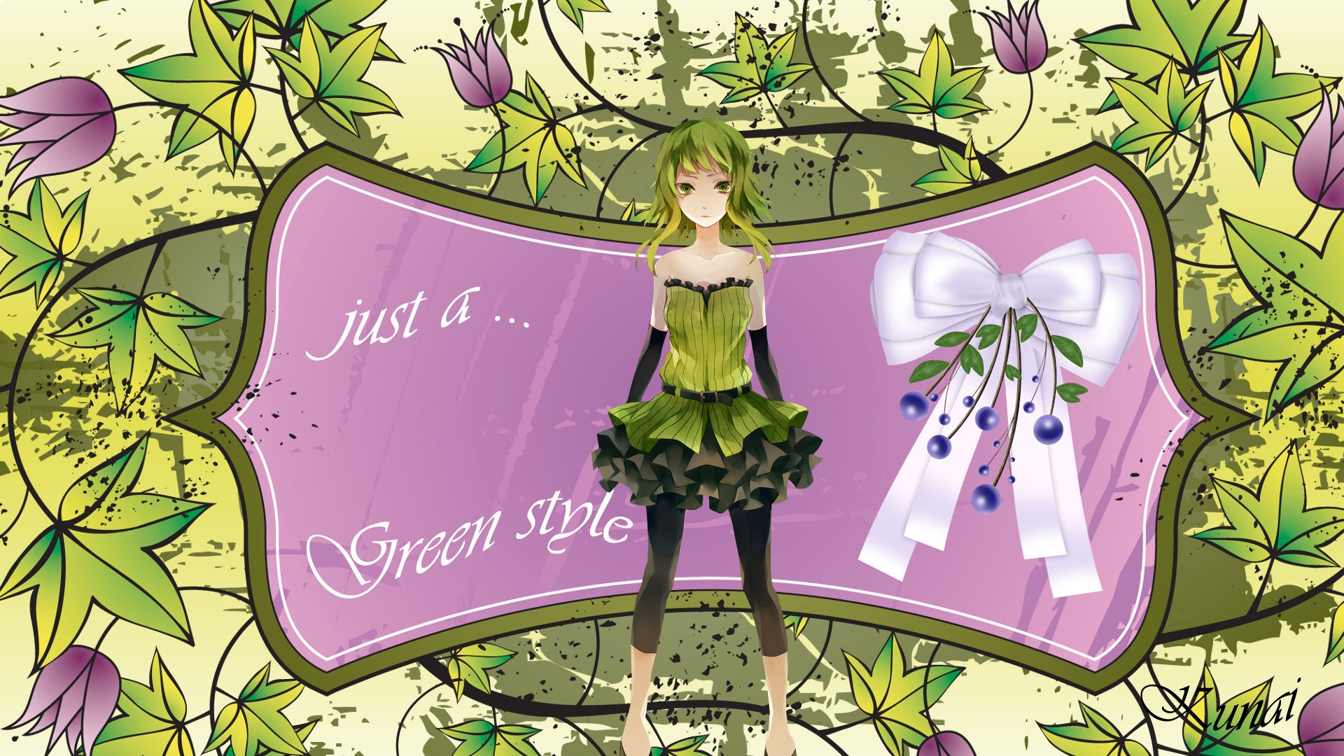 Anime girl in green dress with flowers and bow HD Wallpaper