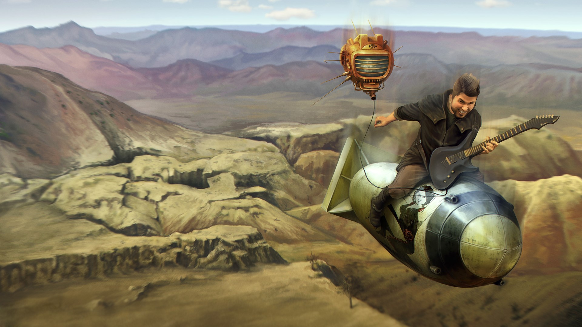 Man playing guitar on a bomb in Fallout HD Wallpaper