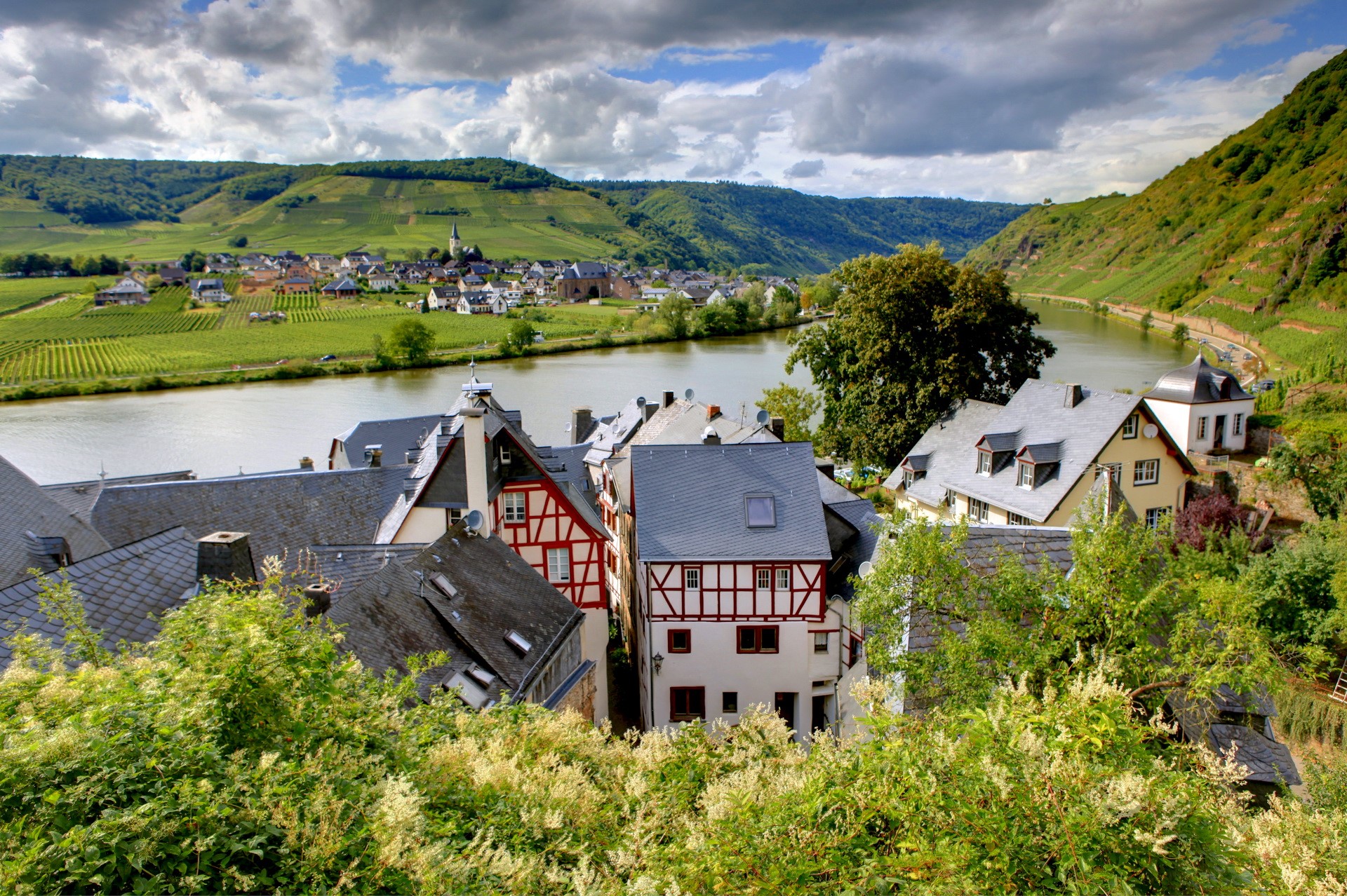 Village on a river with vineyards in Germany HD Wallpaper