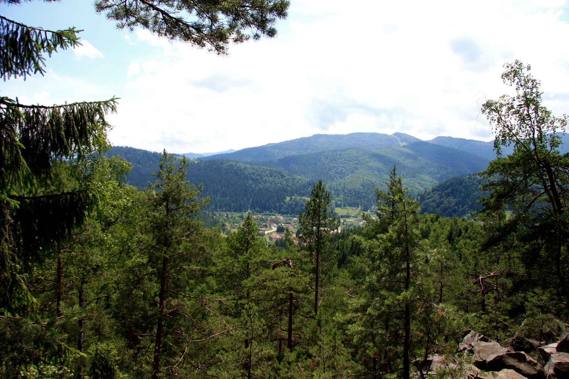 Mountains and forest with a village in the valley HD Wallpaper