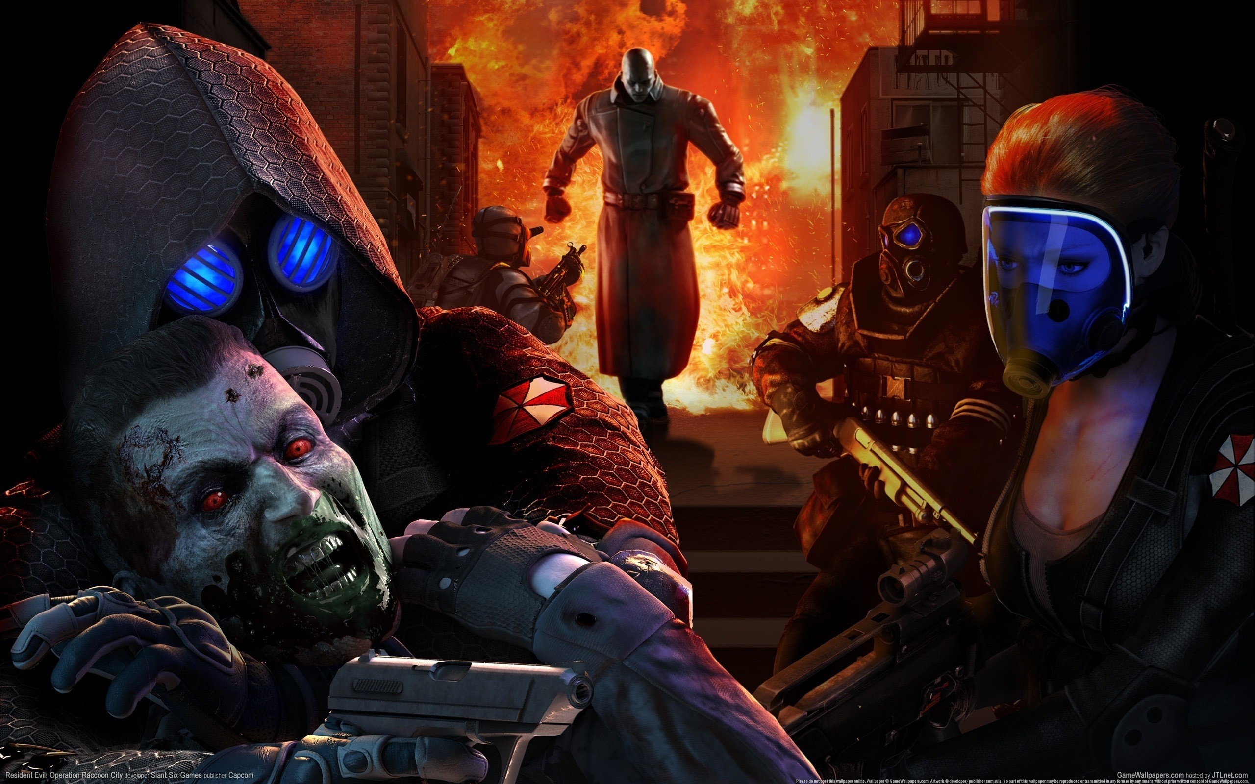 Resident Evil characters and zombie in a fiery city HD Wallpaper