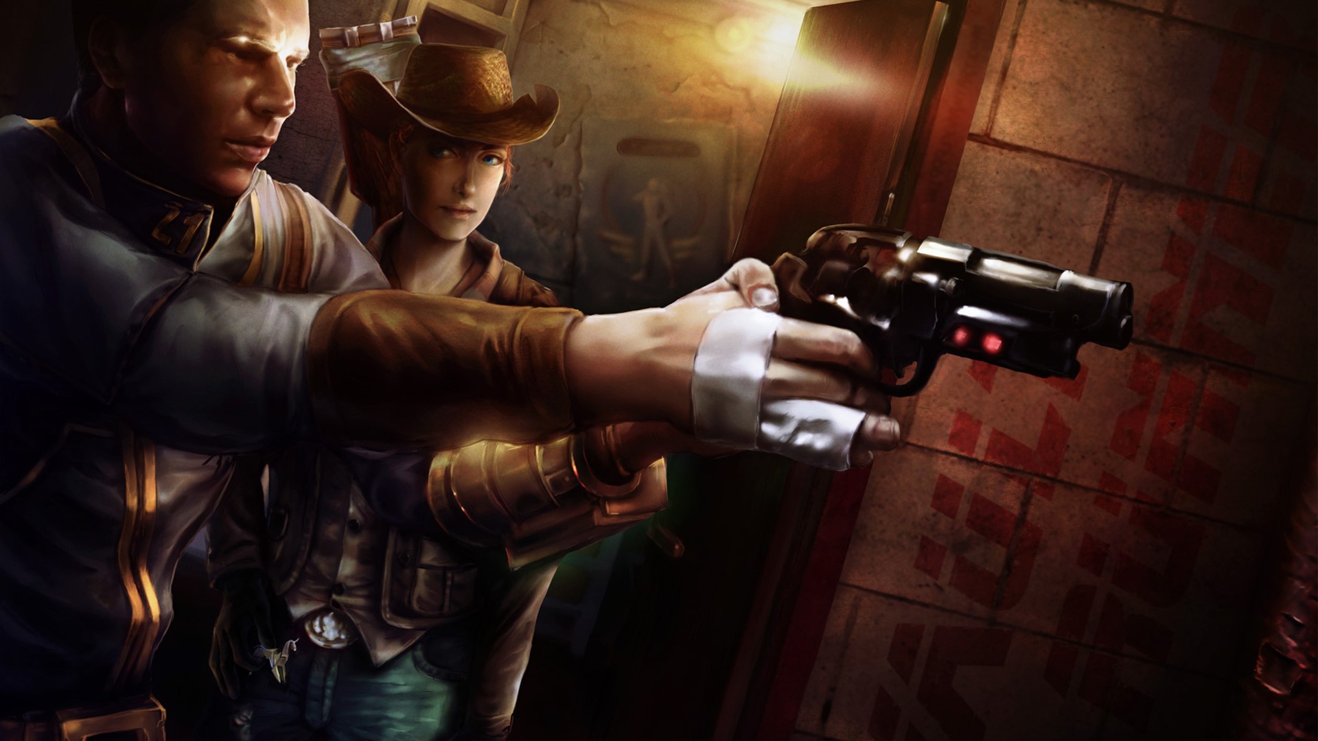 Man holding a gun with woman behind him in Fallout HD Wallpaper