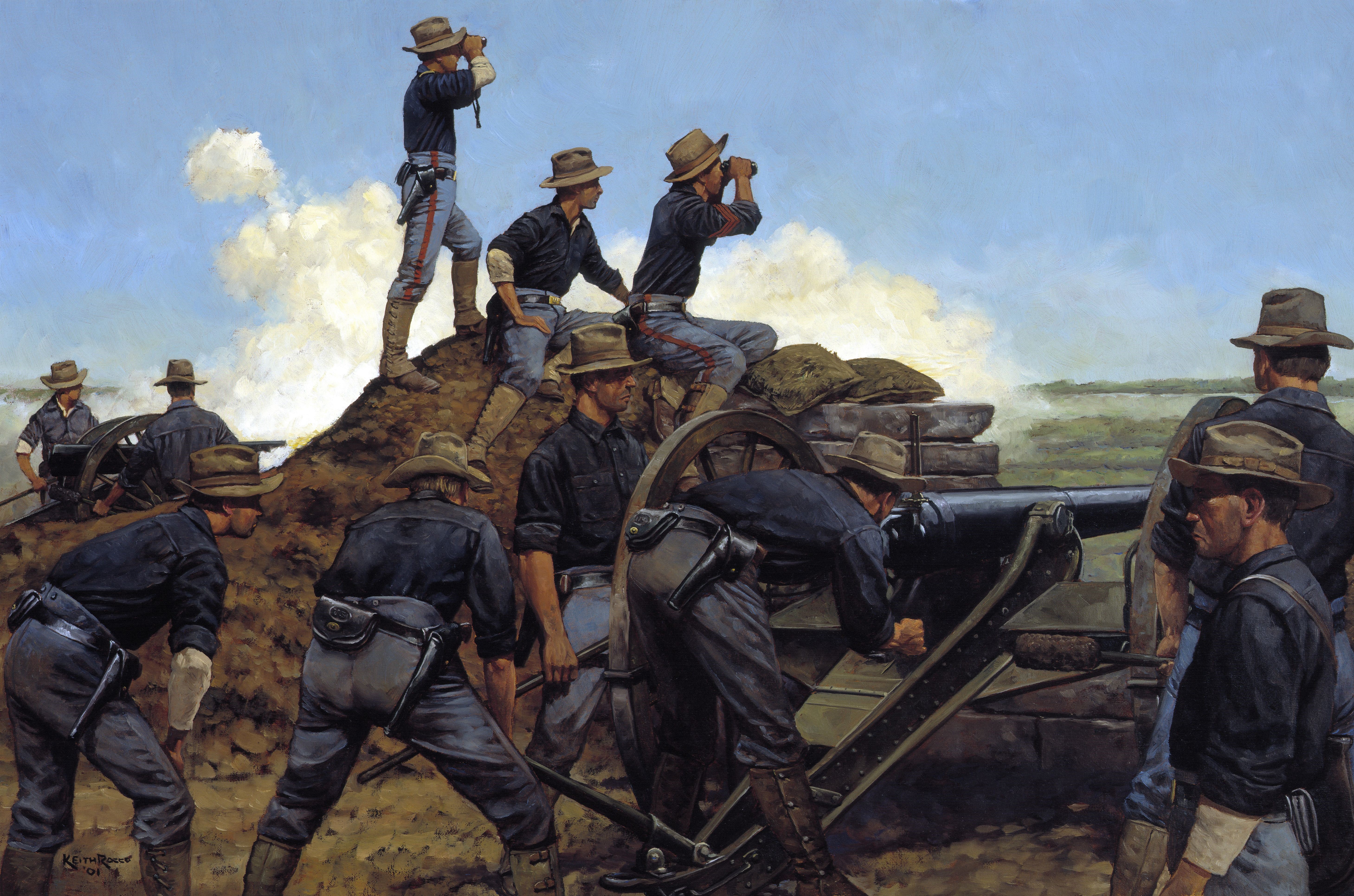 Soldiers firing a cannon during a battle HD Wallpaper