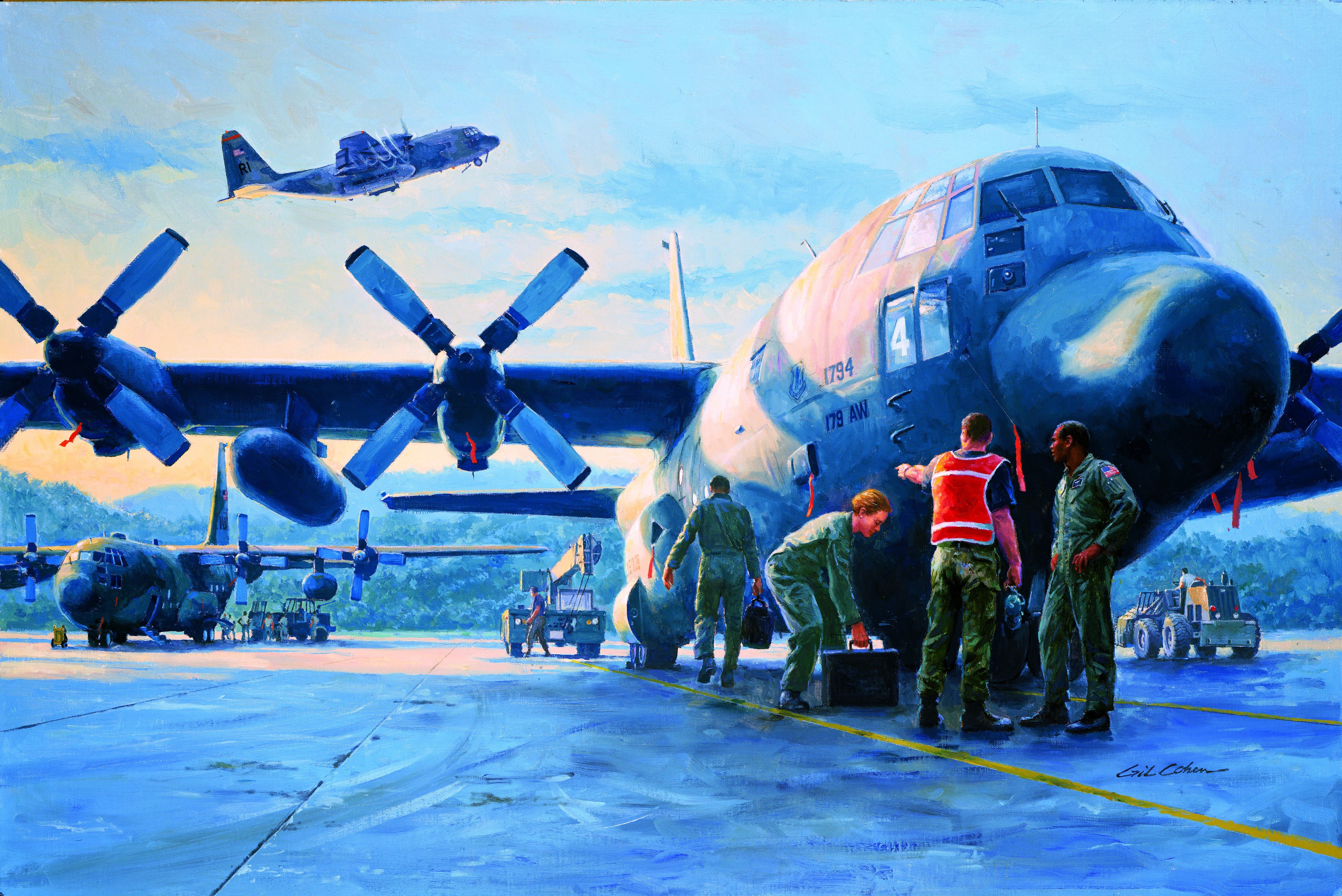 Gil Cohen painting of C-130 aircraft and crew HD Wallpaper