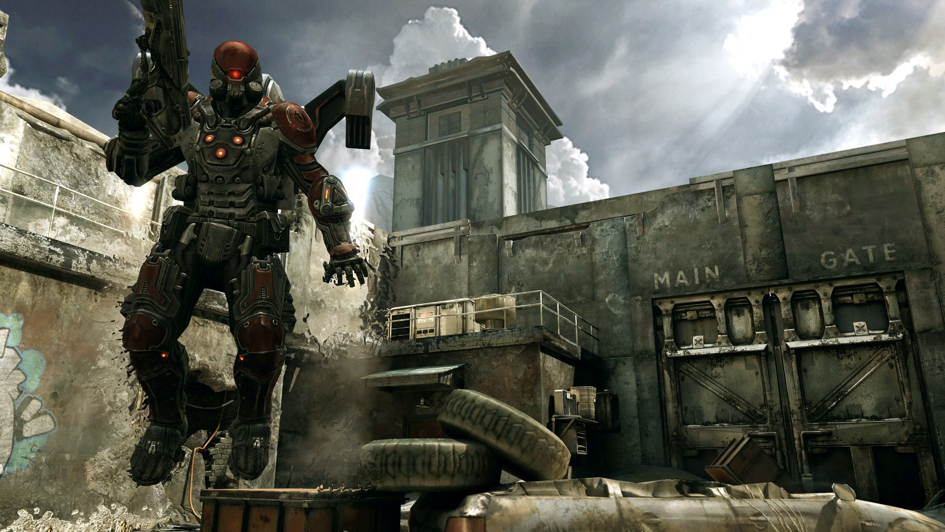 Mutant soldier with jetpack in a destroyed city HD Wallpaper