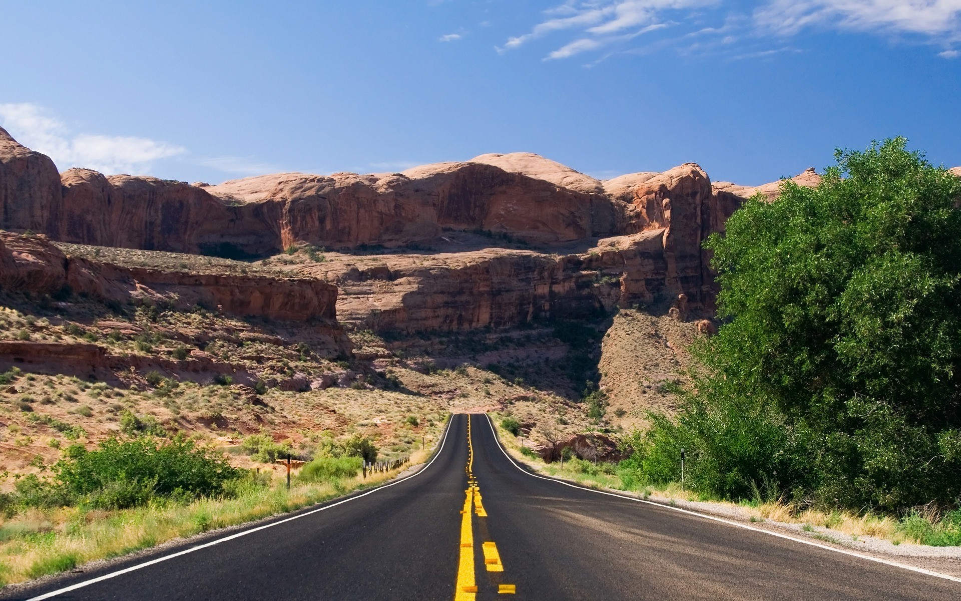 Asphalt road through a desert canyon HD Wallpaper