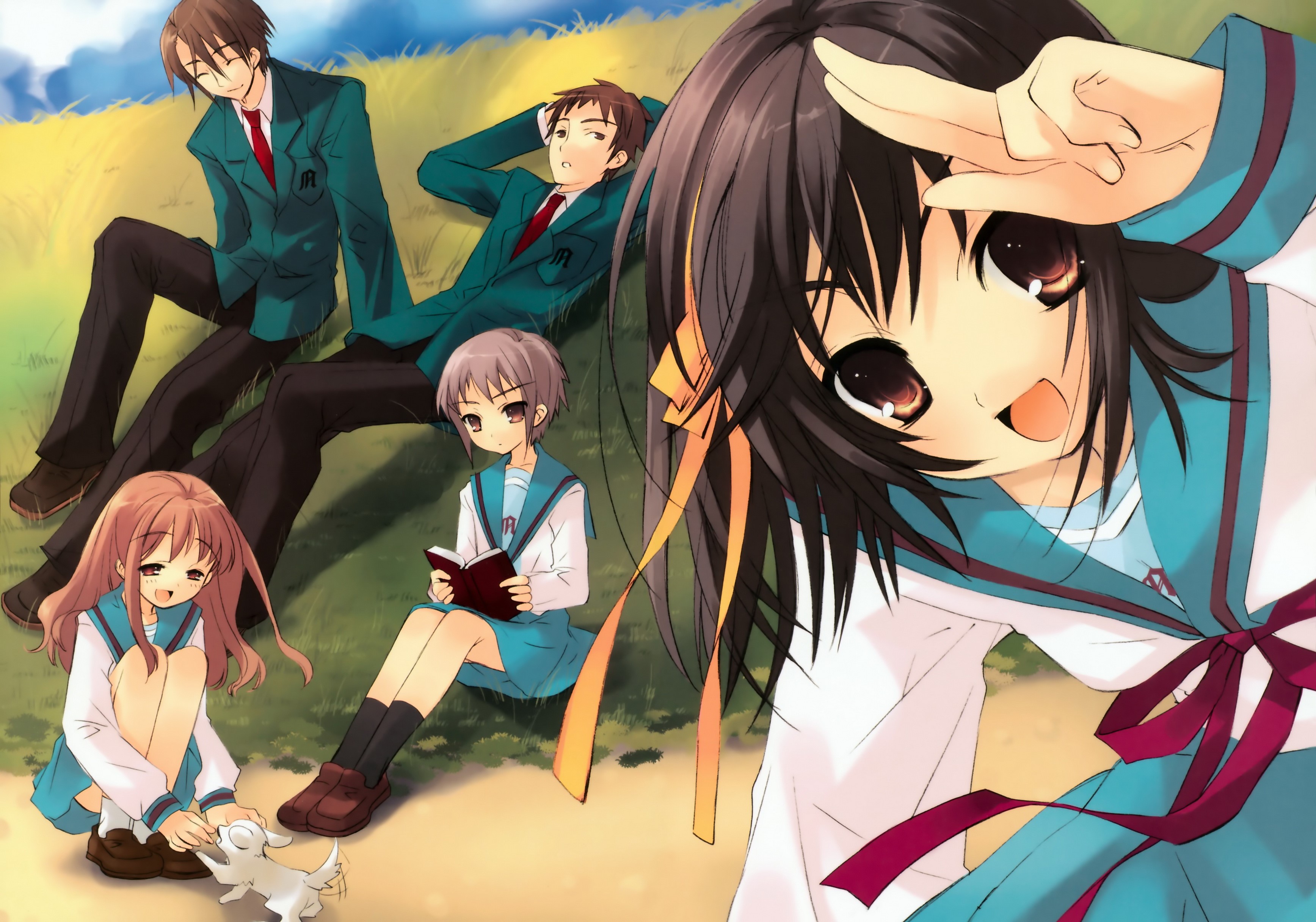 The Melancholy of Haruhi Suzumiya characters sitting on grass HD Wallpaper