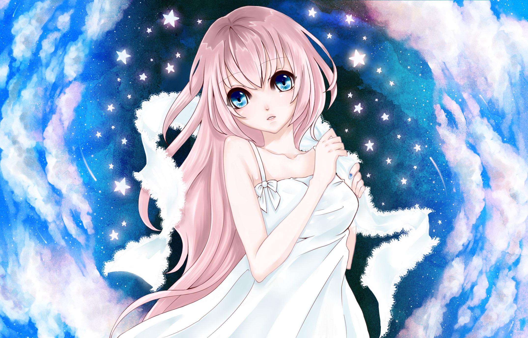 Miku Hatsune from Vocaloid in a starry sky HD Wallpaper