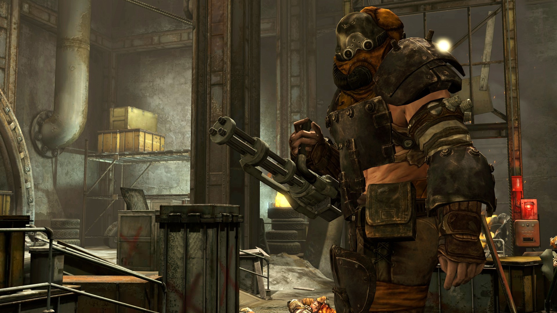 Mutant with minigun in industrial setting HD Wallpaper